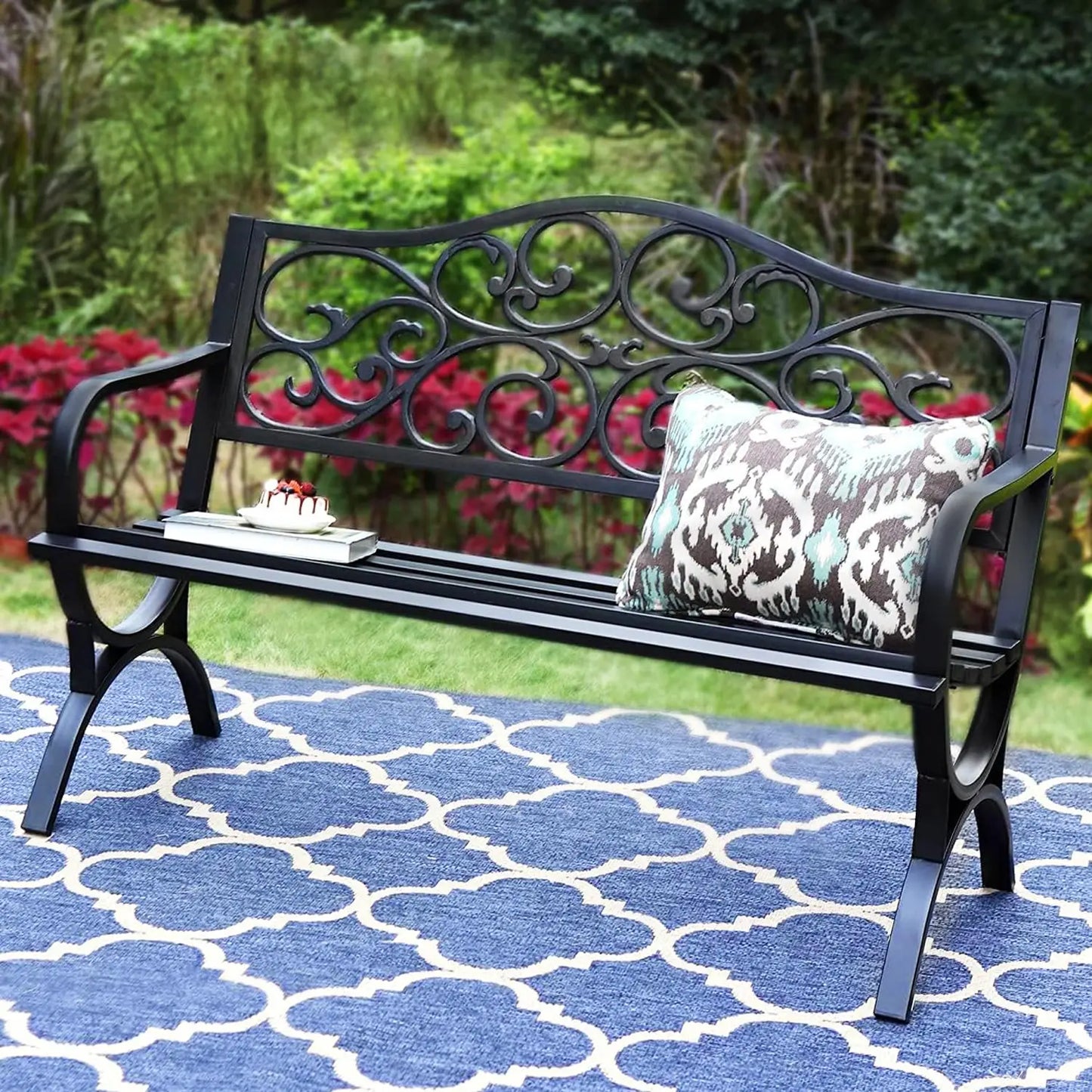 50in Cast Iron Steel Garden Bench Patio Chair w/Floral Backrest Slatted Seat Park Yard Porch Bronze, Customized