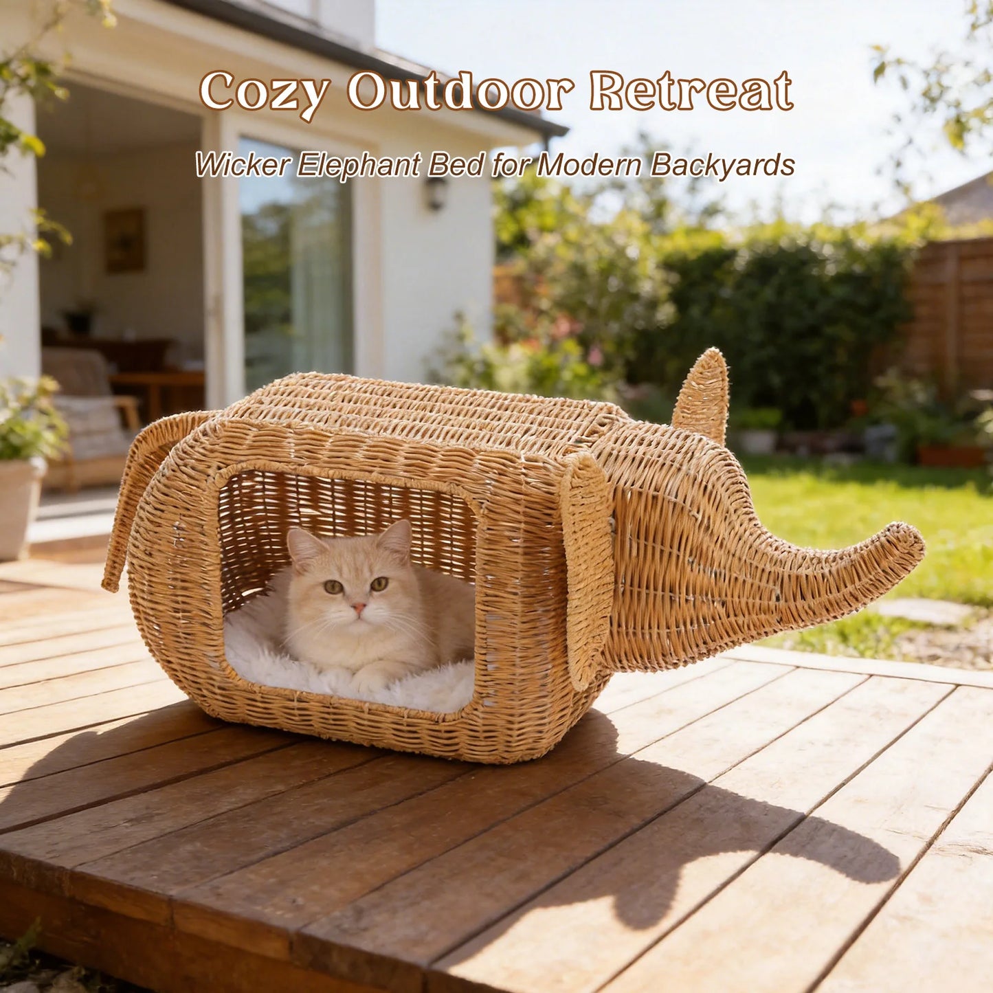 PEQULTI Elephant Rattan Cat Condo Bed With Plush Cushioned Hideaway