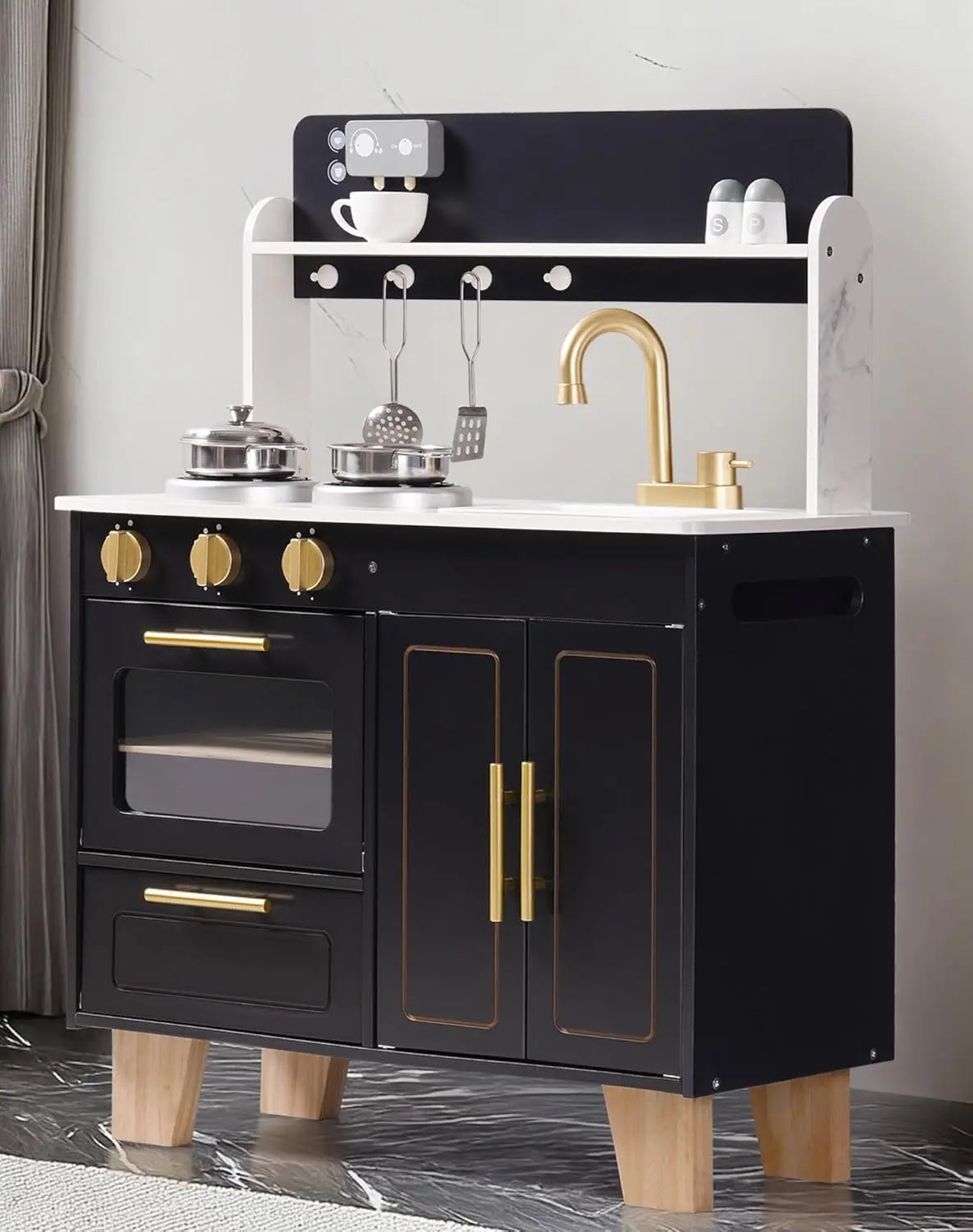 Robotime Wooden Play Kitchen For Kids With Marble Countertop