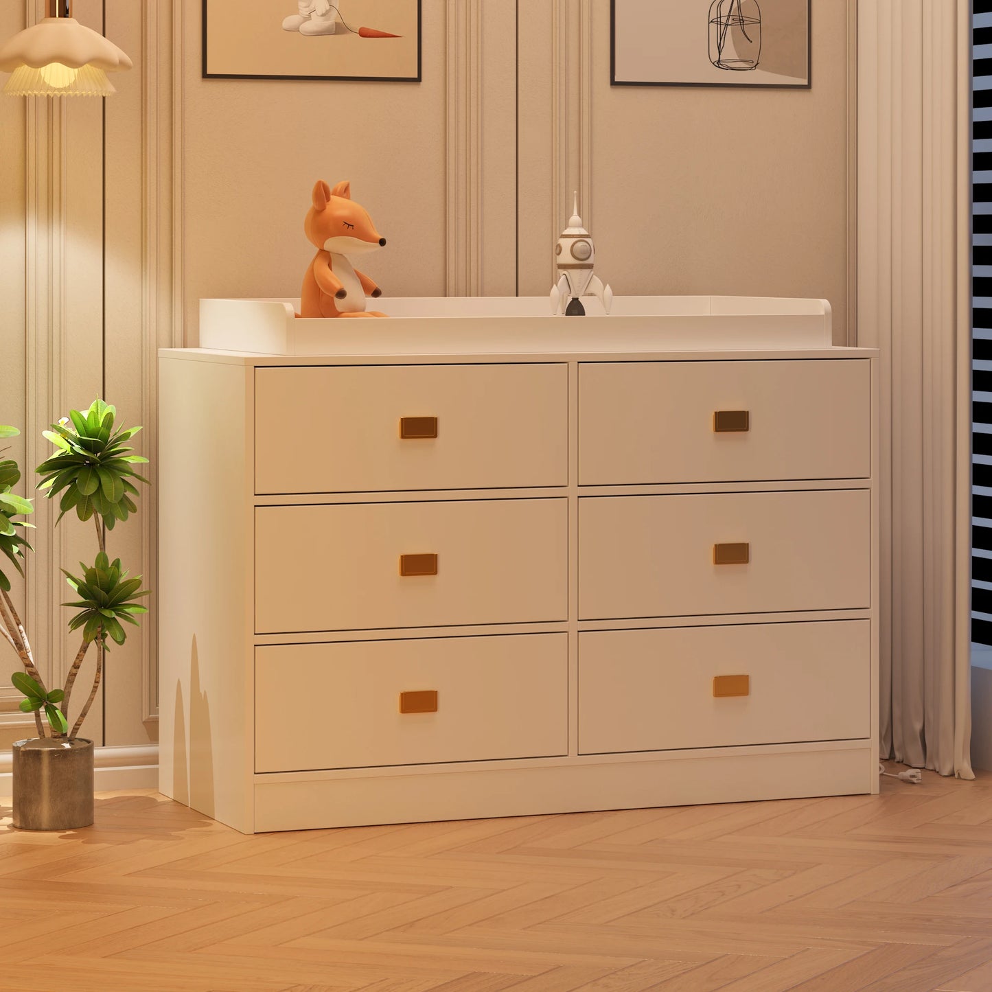 Dresser for Bedroom with 6 Drawers, Changing Table Dresser with Changing Table Top, Nursery Dresser Diaper Changing Station