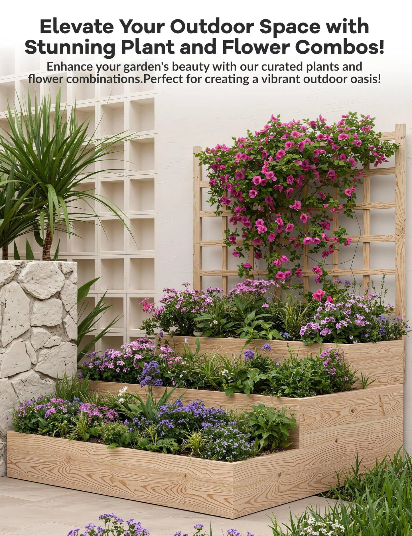 HiMISS 3 Tier Garden Bed With Trellis Wooden Planter Outdoor