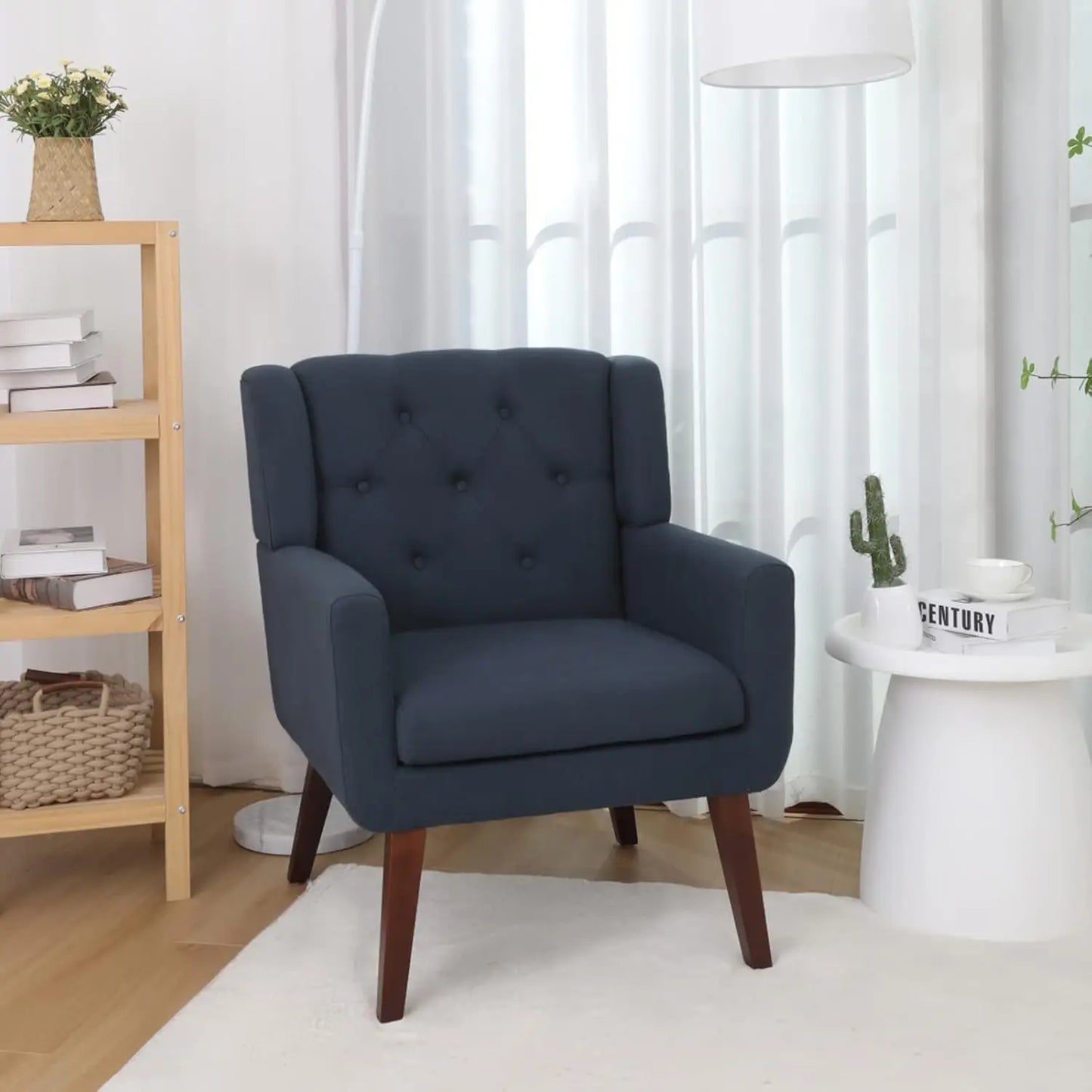 Button-Tufted Upholstered Living Room Chair With Linen Fabric Mid Century