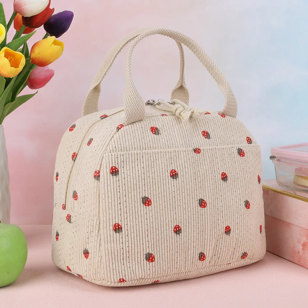 Strawberry Daisy Corduroy Insulated Lunch Bag Large Capacity
