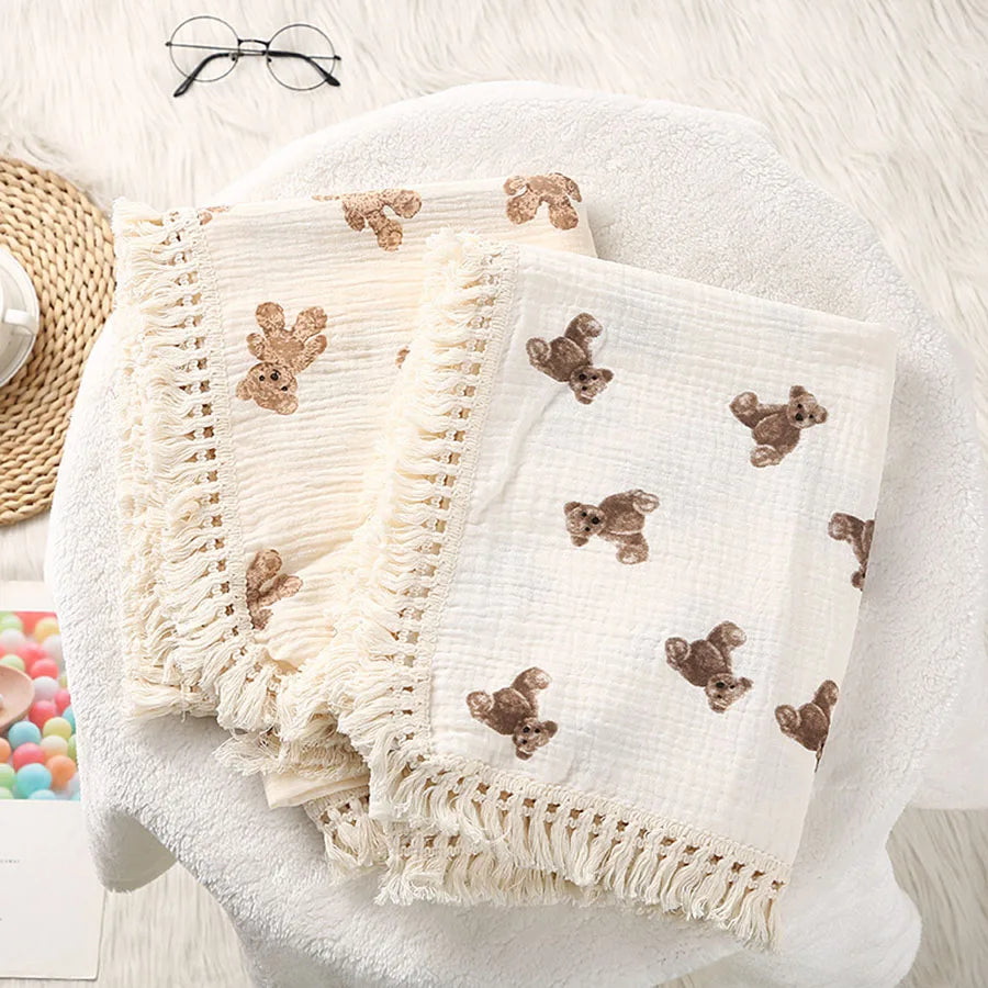 Bear Print Muslin Cotton Baby Blanket For Newborn Swaddle