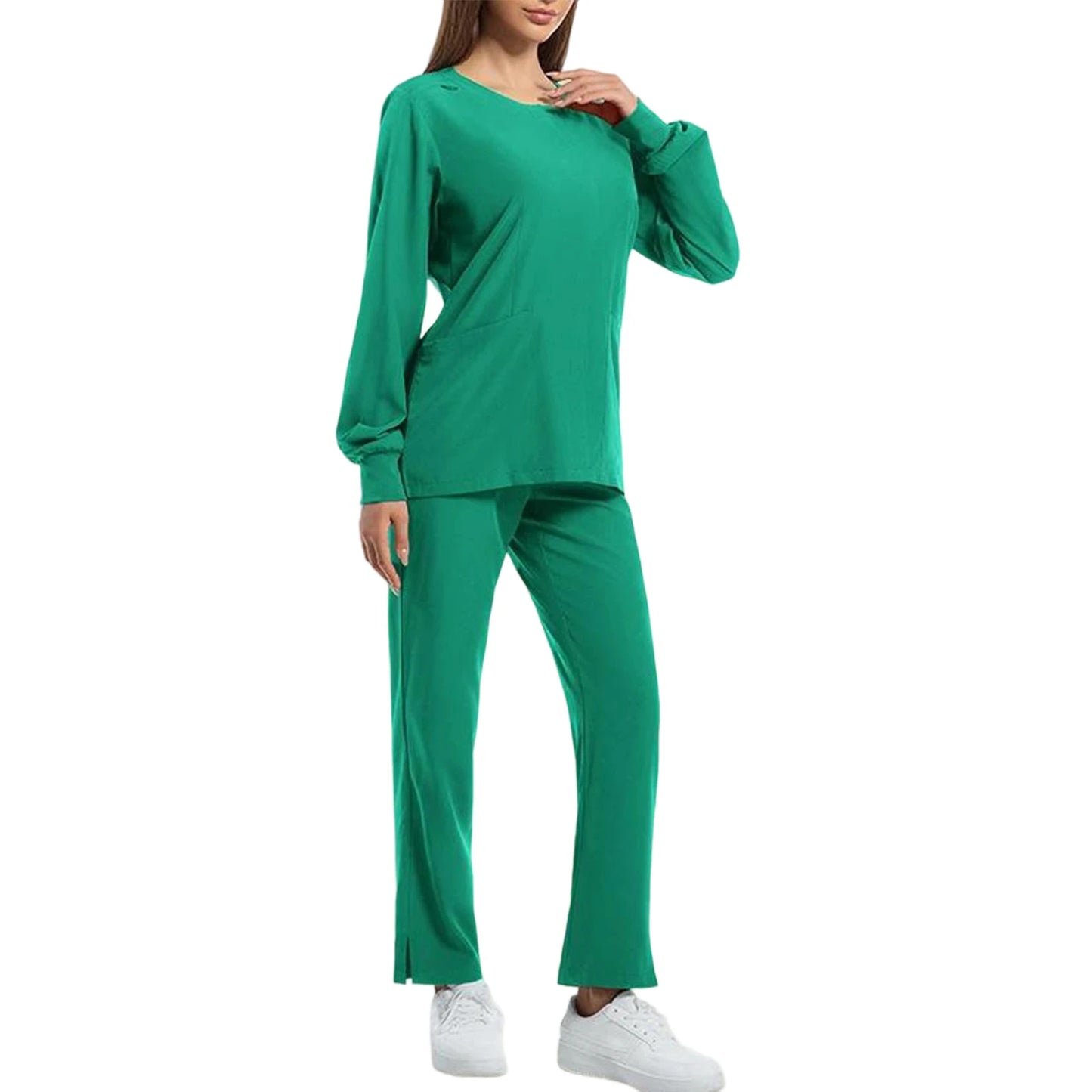 Women's Nurse Scrub Set Round Neck Long Sleeve With Pockets