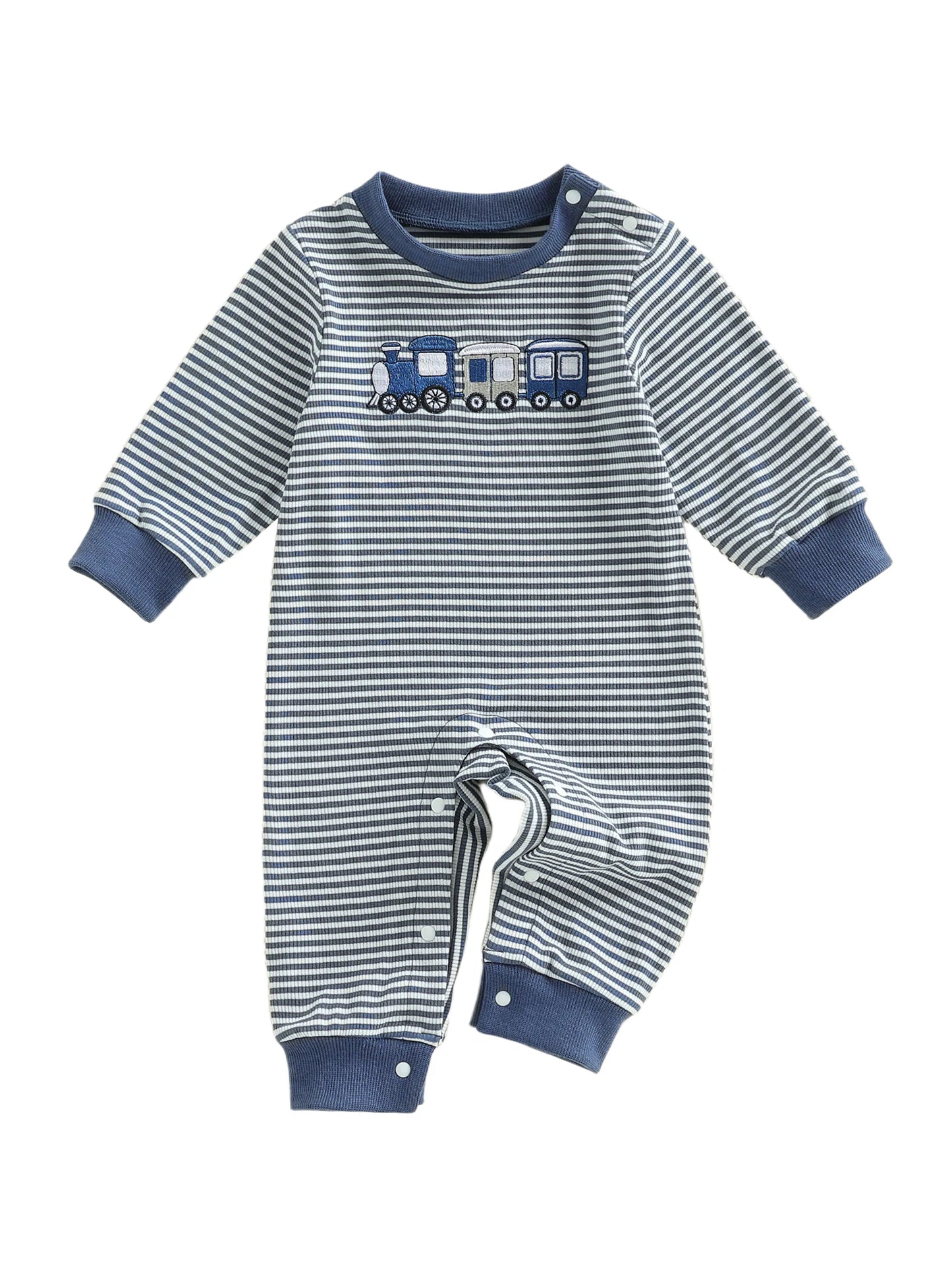 Toddler Striped Playsuit With Long Sleeves And Train Embroidery Romper