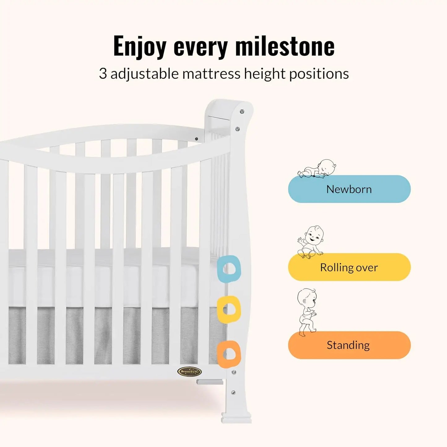 7-in-1 Convertible Full-Size Baby Crib in White, Greenguard Gold Certified, Adjustable Mattress Heights, Sustainable Pinewood