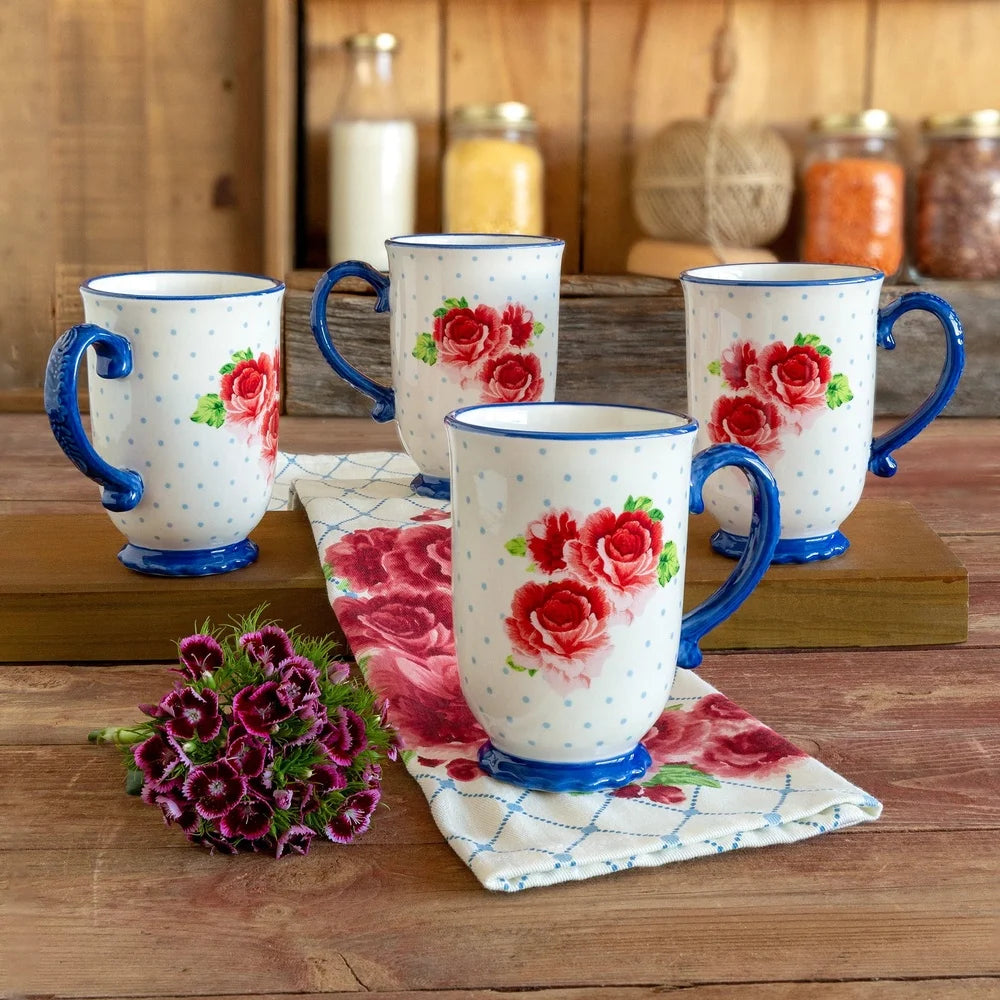 Heritage Floral 4-Piece Mug Set Stoneware Kitchen Essentials