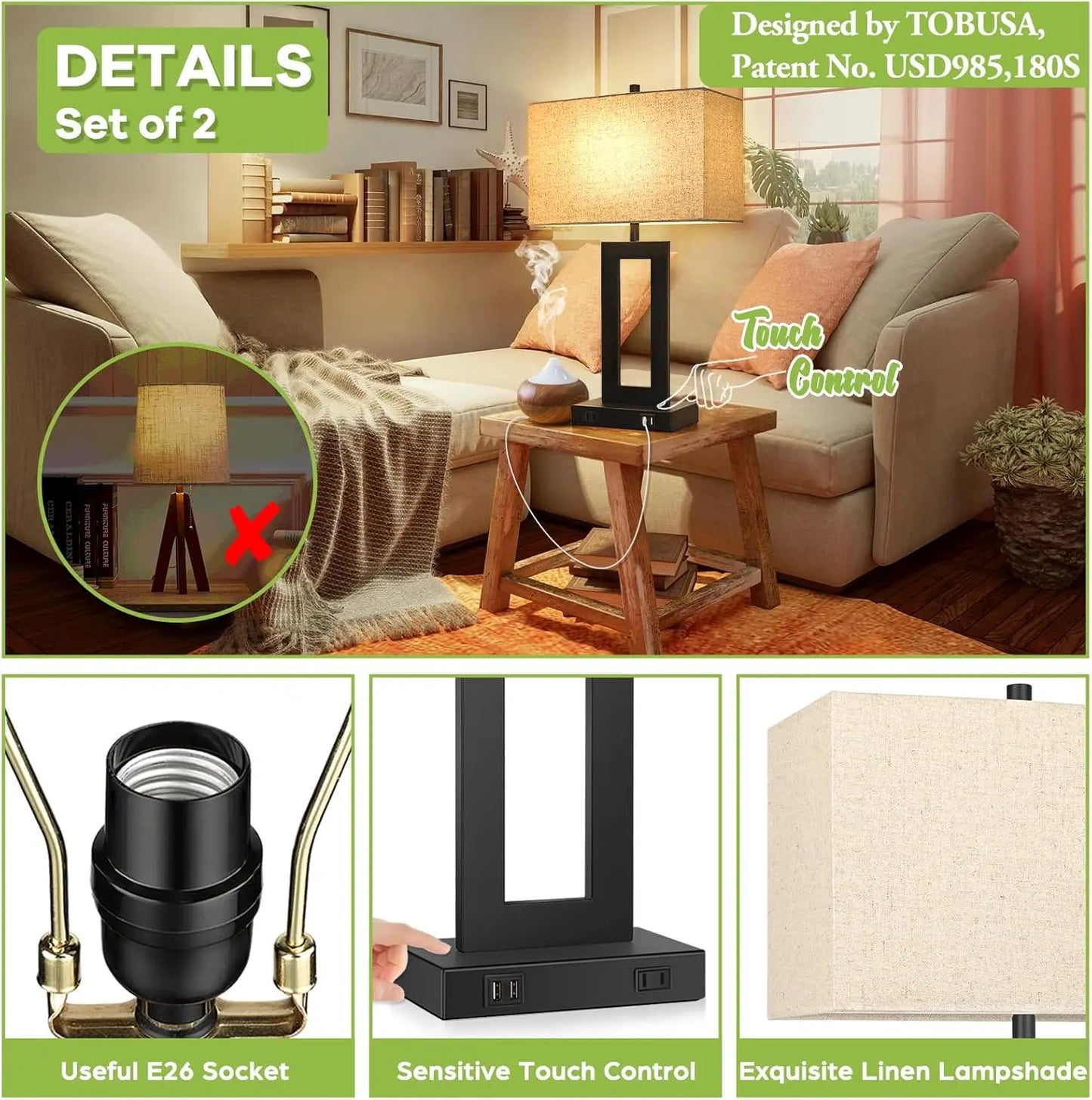 Two Pack Touch Table Lamp With USB Ports Dimmable