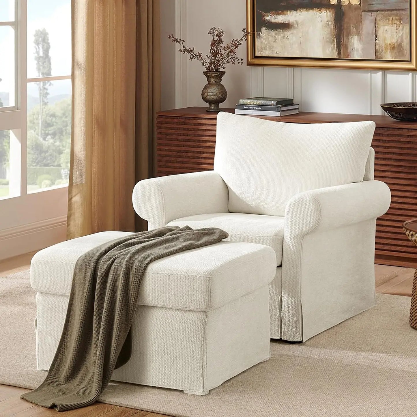 Modern Chenille Reading Armchair With Ottoman Set For Relaxation