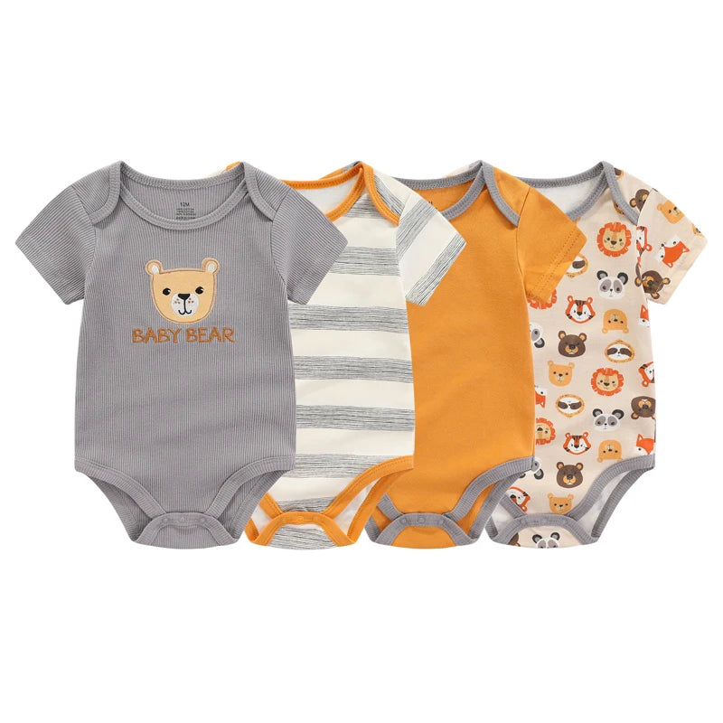 Cartoon Summer Cotton Bodysuits 4 Piece Unisex Baby Jumpsuit Set