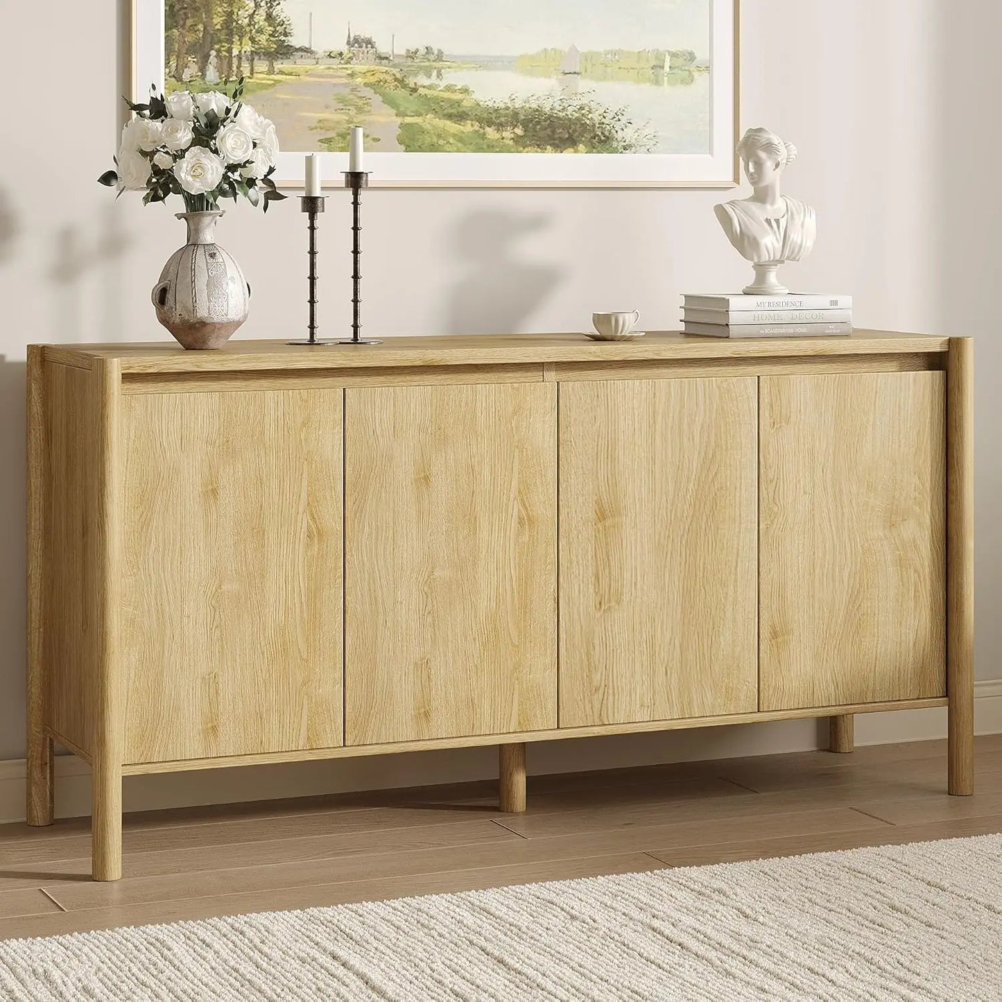 HUANZHUANG Walnut Buffet Cabinet With 4 Doors And Shelves