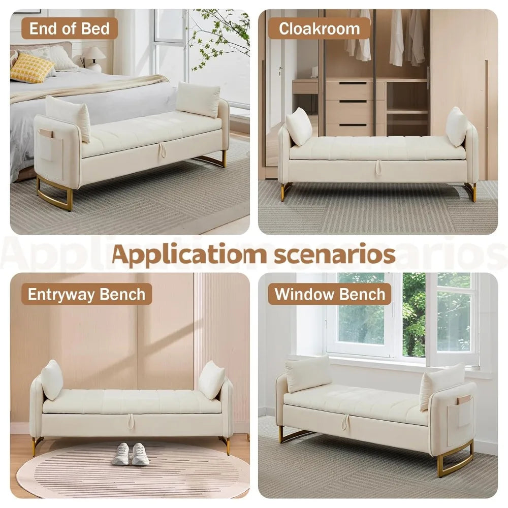 Velvet Storage Bench With Arms And Pockets For Living Room