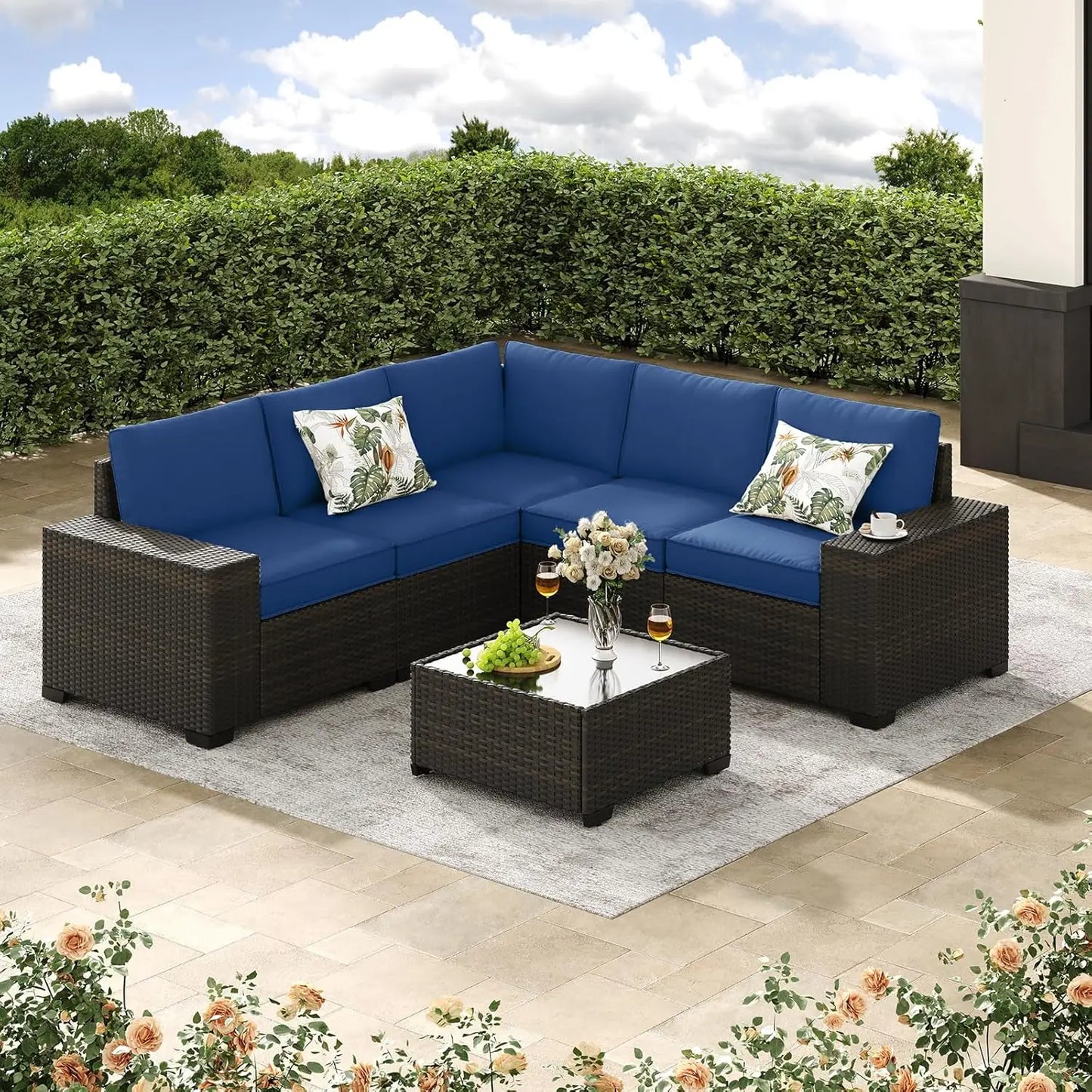 Patio Outdoor Wicker Sectional Sofa Set With Glass Table