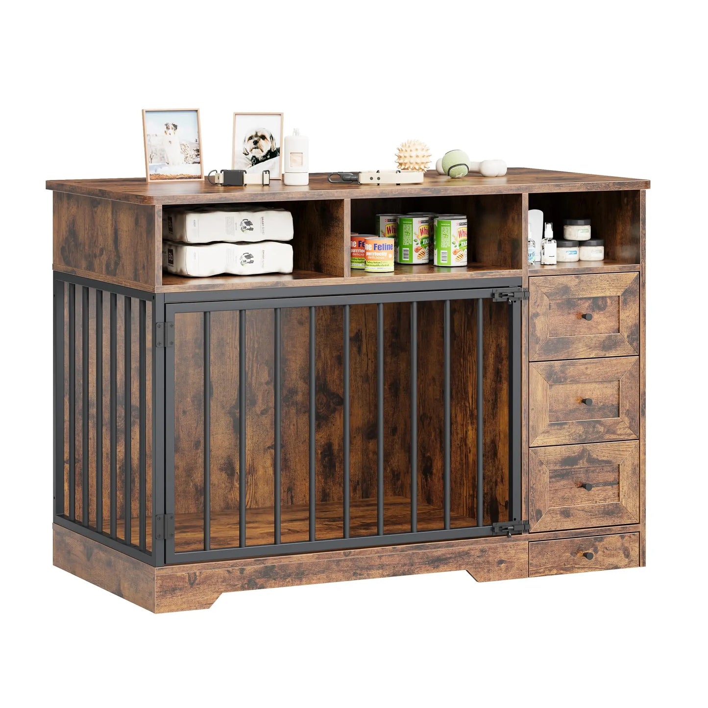 HiMISS Farmhouse Wooden Dog Crate with Storage and Feeding Station