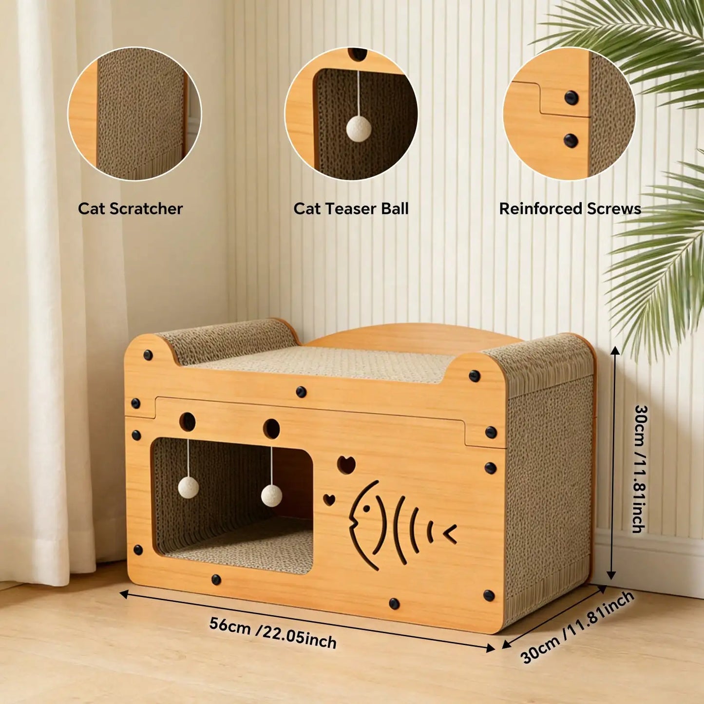 Cat Cardboard Scratcher And Resting Bed With Hanging Toys