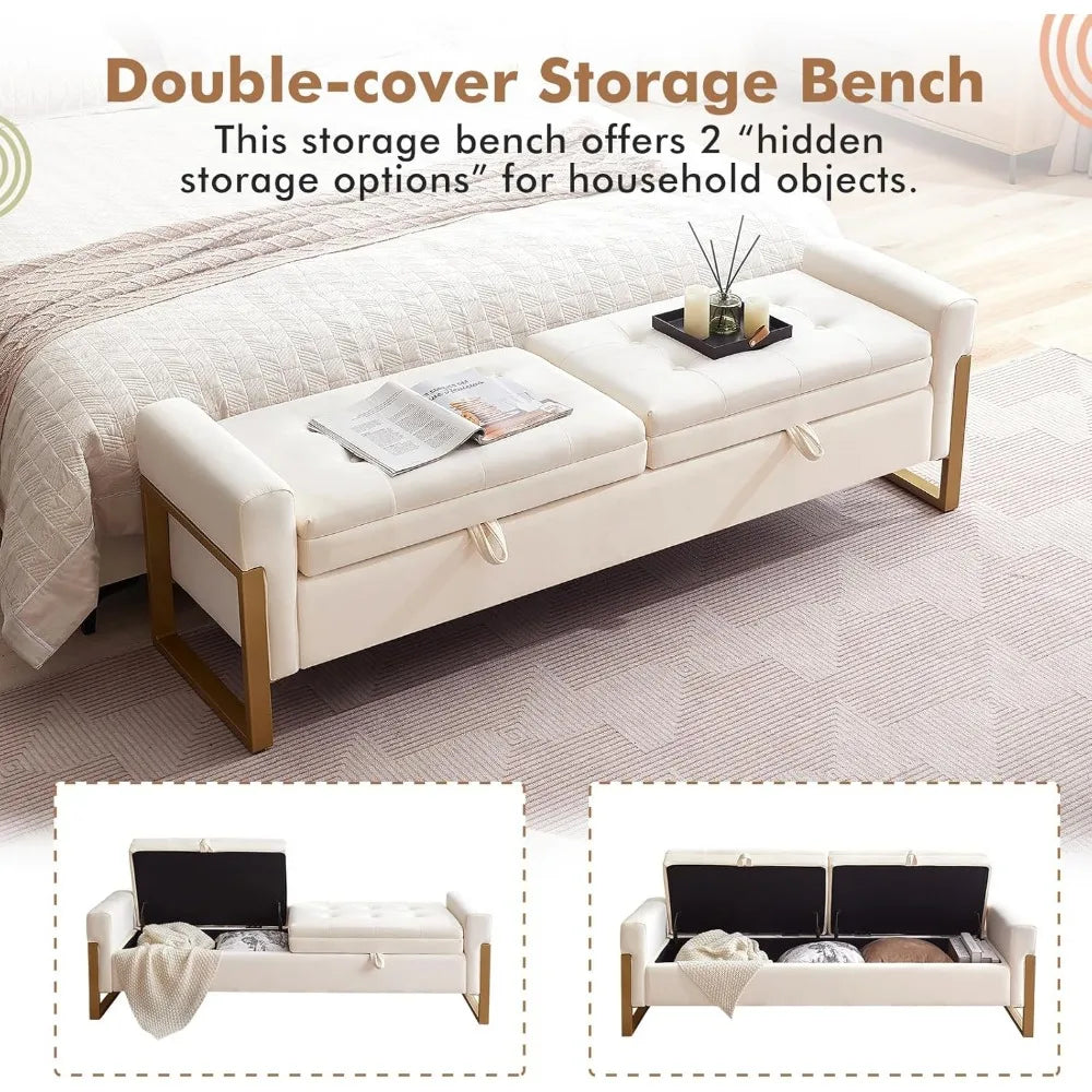 Velvet End Of Bed Storage Bench With Two Lids Durable