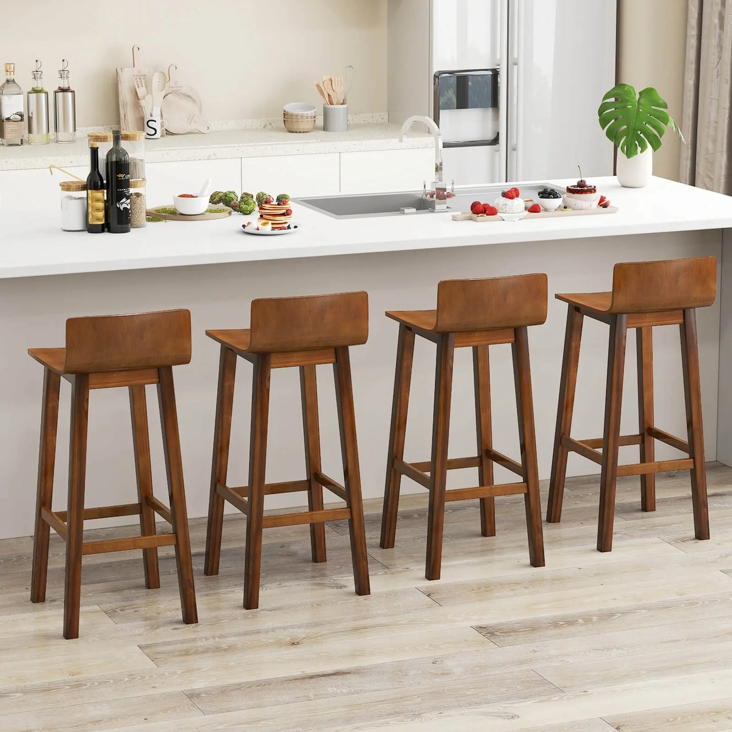 29" Wood Bar Stools Set of 4 with Solid Back & Seat Mid Century Bar Chairs