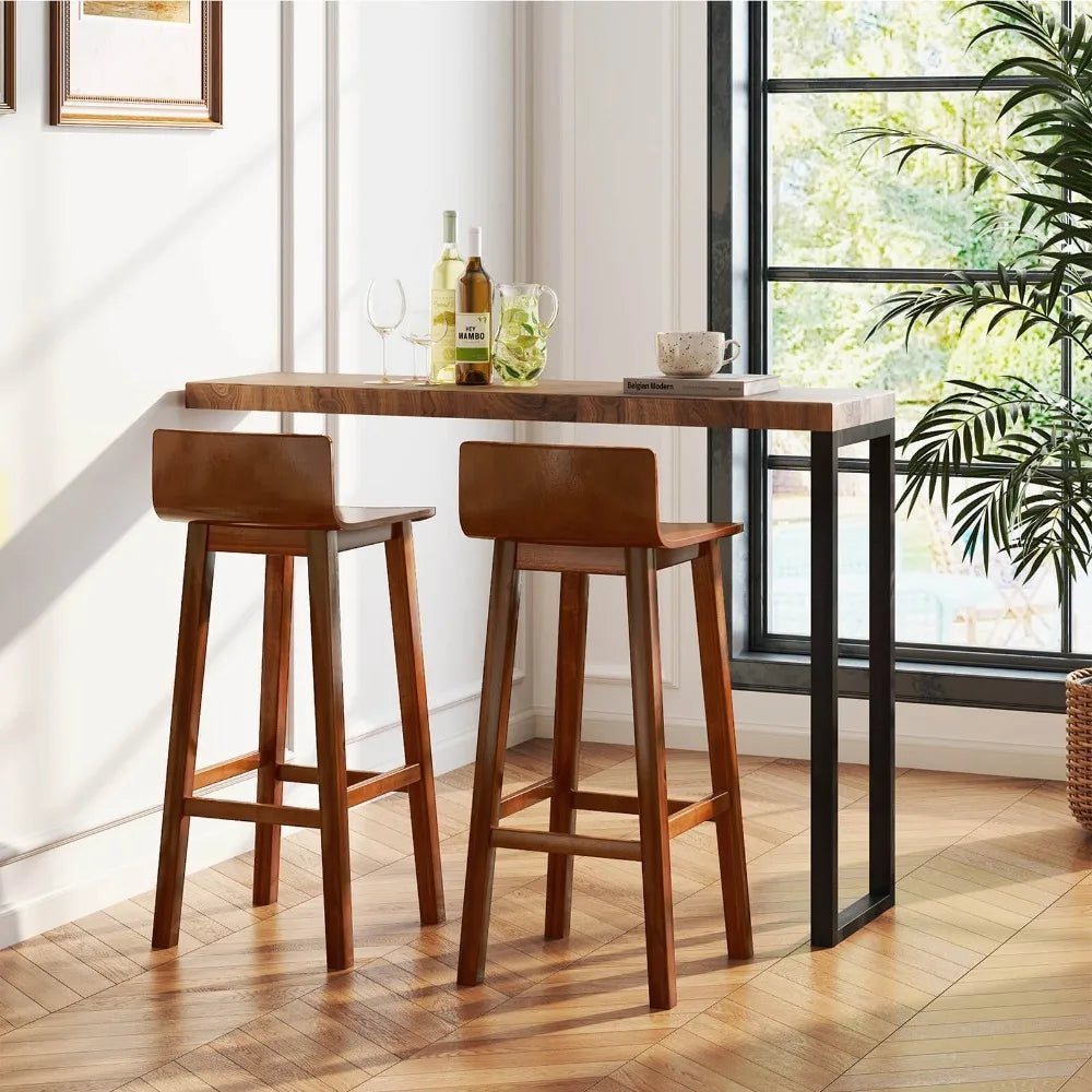 29" Wood Bar Stools Set of 4 with Solid Back & Seat Mid Century Bar Chairs