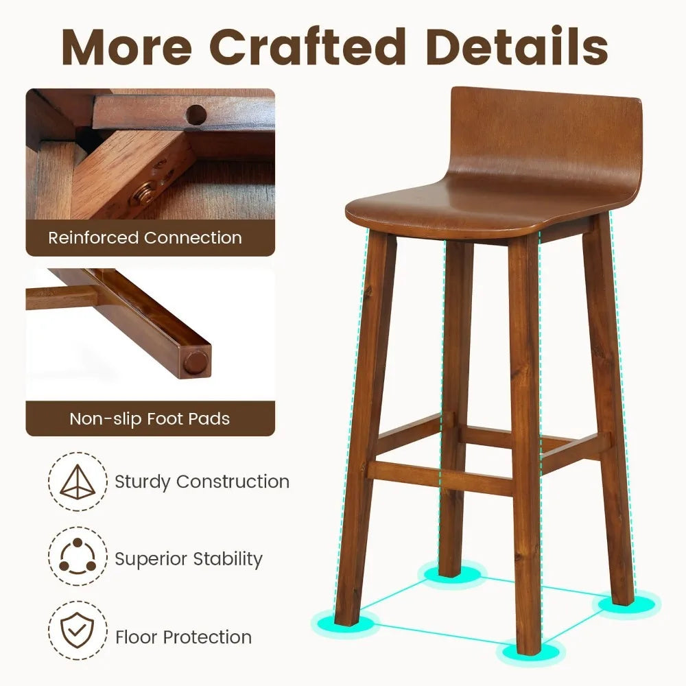 29" Wood Bar Stools Set of 4 with Solid Back & Seat Mid Century Bar Chairs