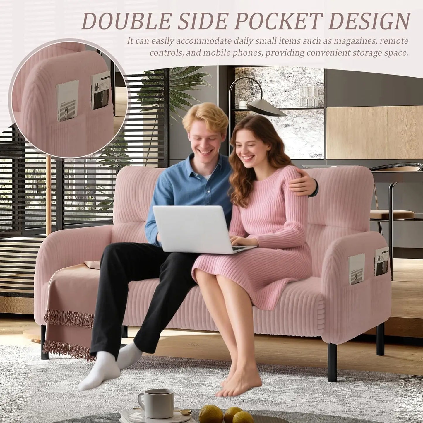 Corduroy Upholstered Loveseat Sofa, Sturdy 2-Seater Couch with Thick Cushions, Space-Saving Double Sofa for Living, Customized