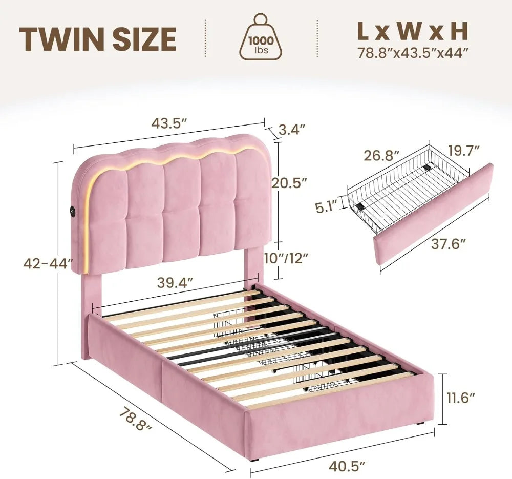 Velvet LED Platform Bed Frame With Storage And USB Charging