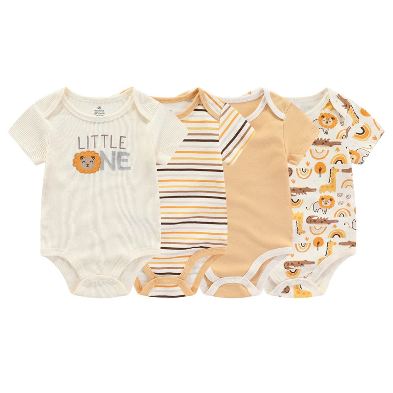 Cartoon Summer Cotton Bodysuits 4 Piece Unisex Baby Jumpsuit Set