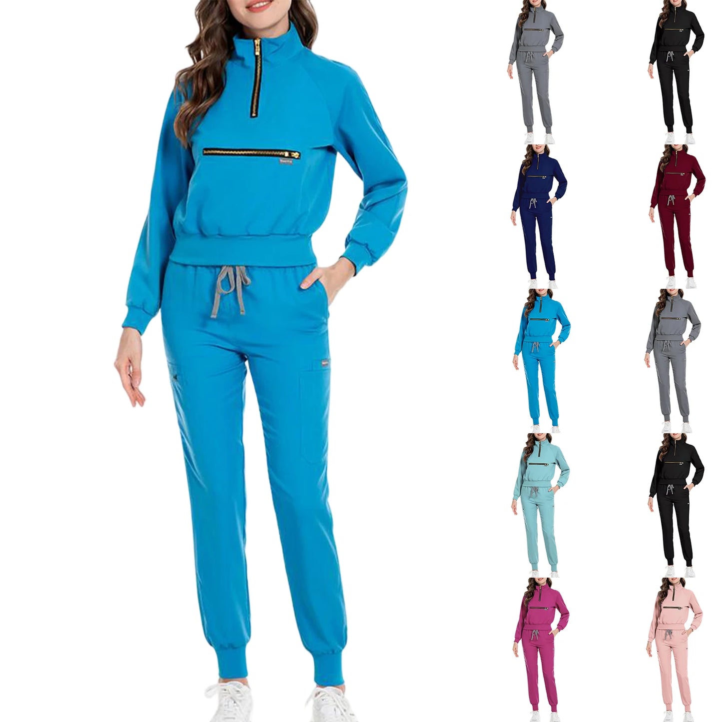 Women Nurse Scrub Set Stand Collar Zip Long Sleeve Uniform