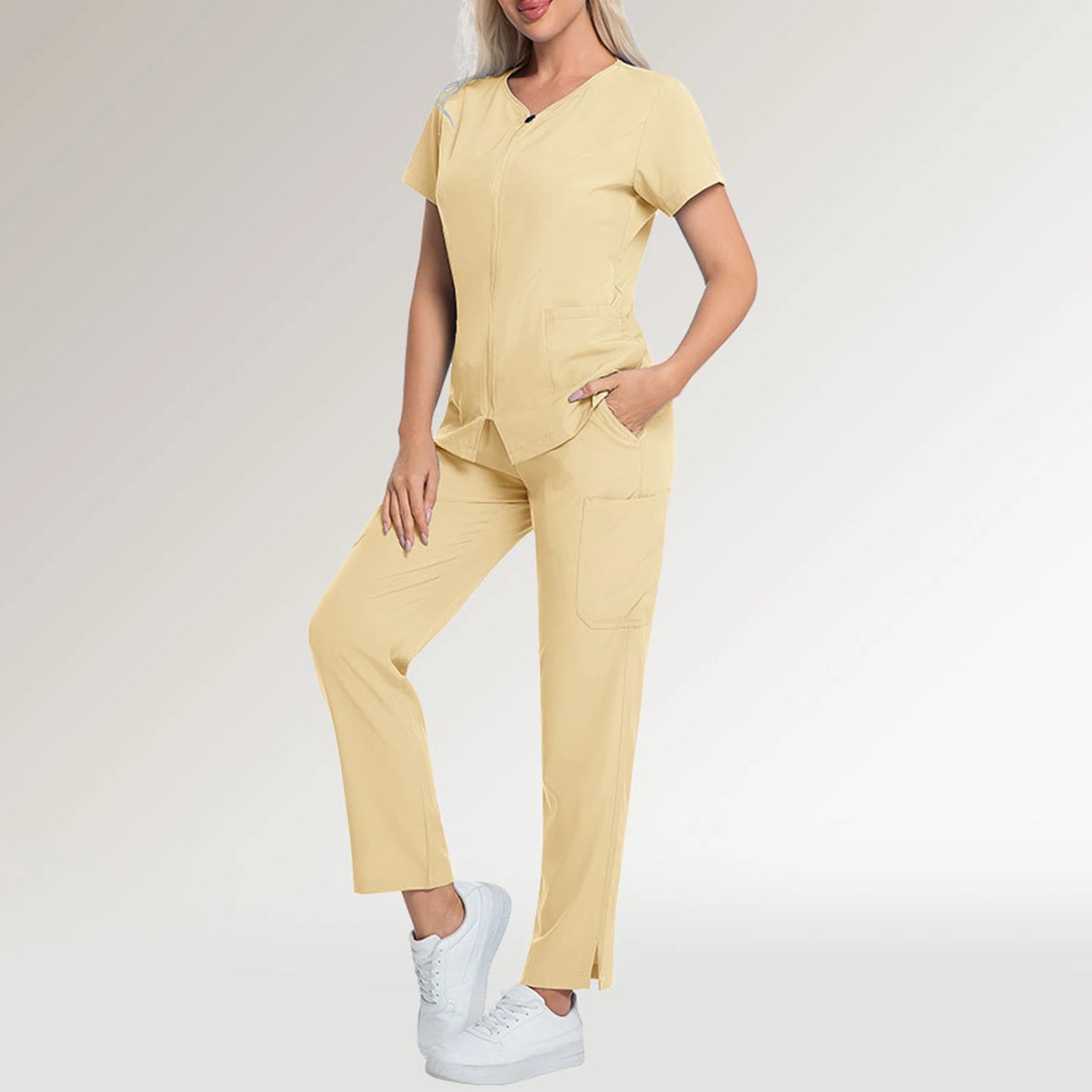 Women's Nurse Scrub Set V-Neck Short Sleeve Zipper Medical Uniform