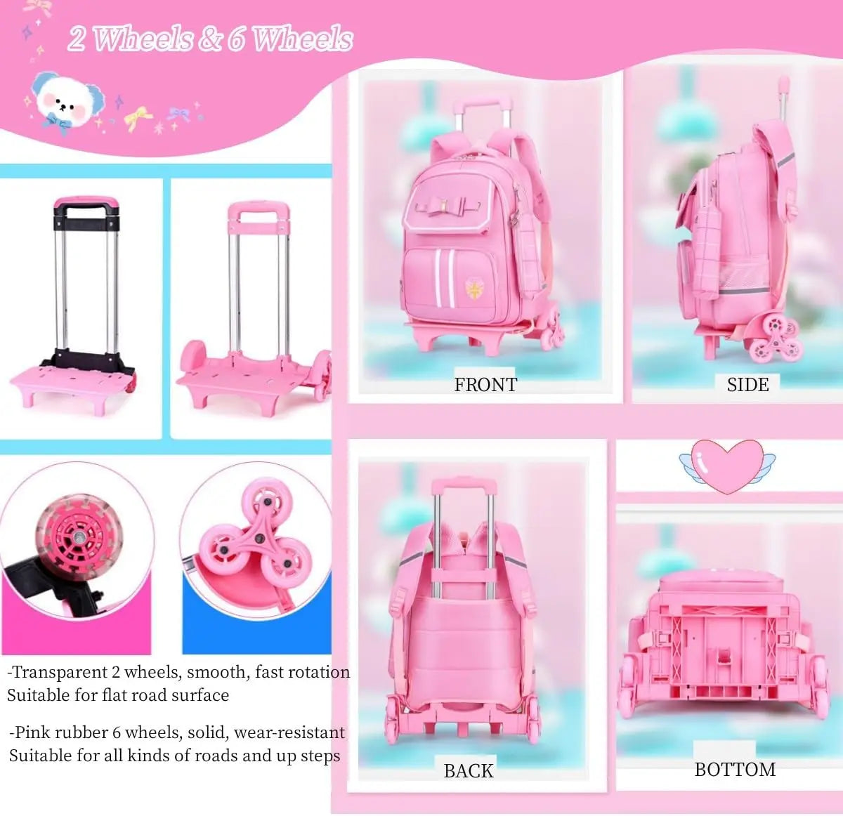 Caster Rolling Backpack For Girls With Wheels And Lunch Bag