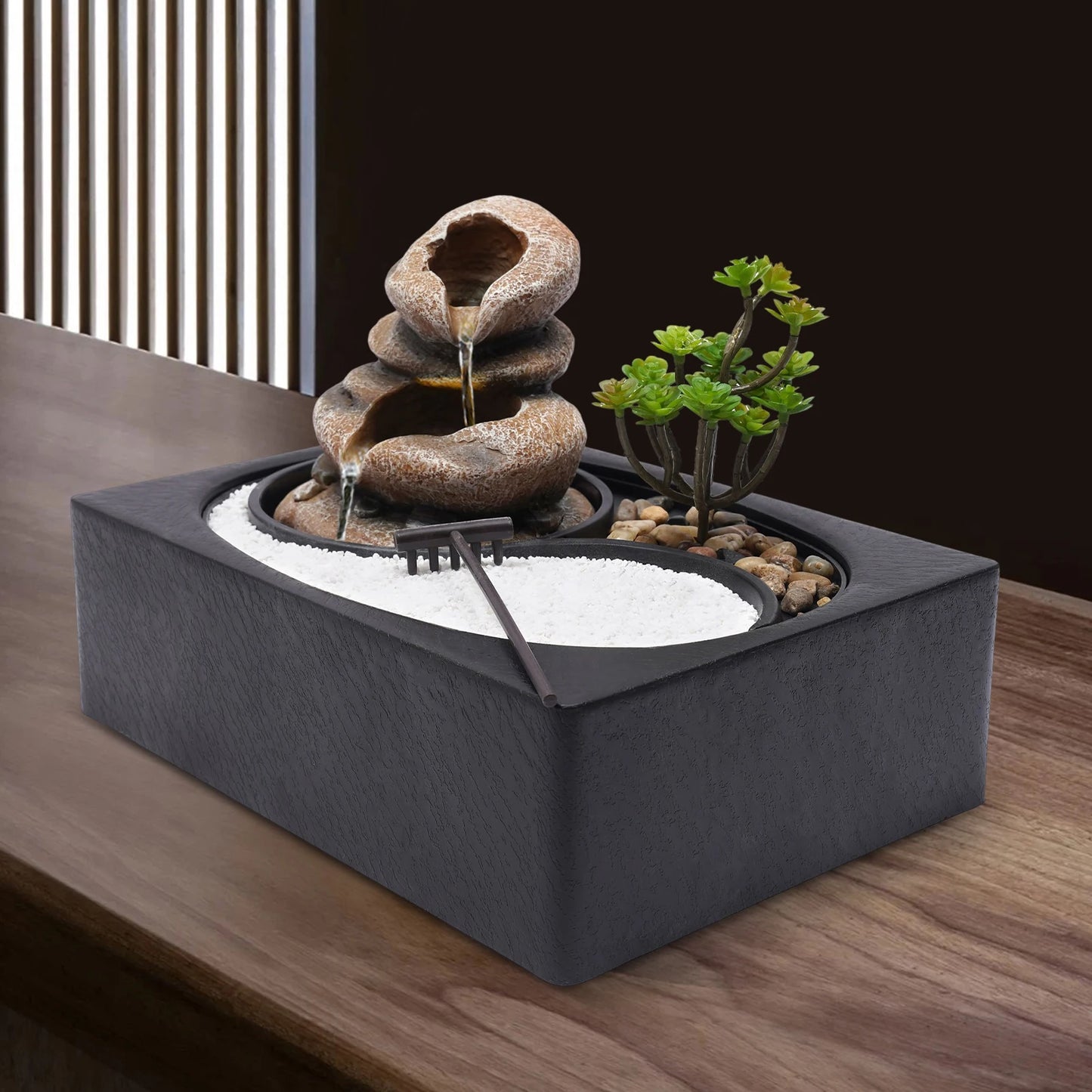 Bymaocar Tabletop Resin Rock Water Fountain With LED Light Indoor