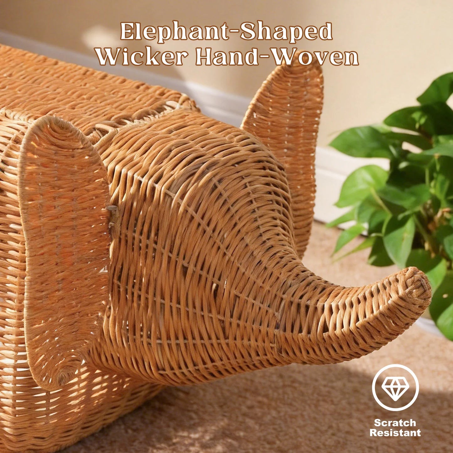PEQULTI Elephant Rattan Cat Condo Bed With Plush Cushioned Hideaway