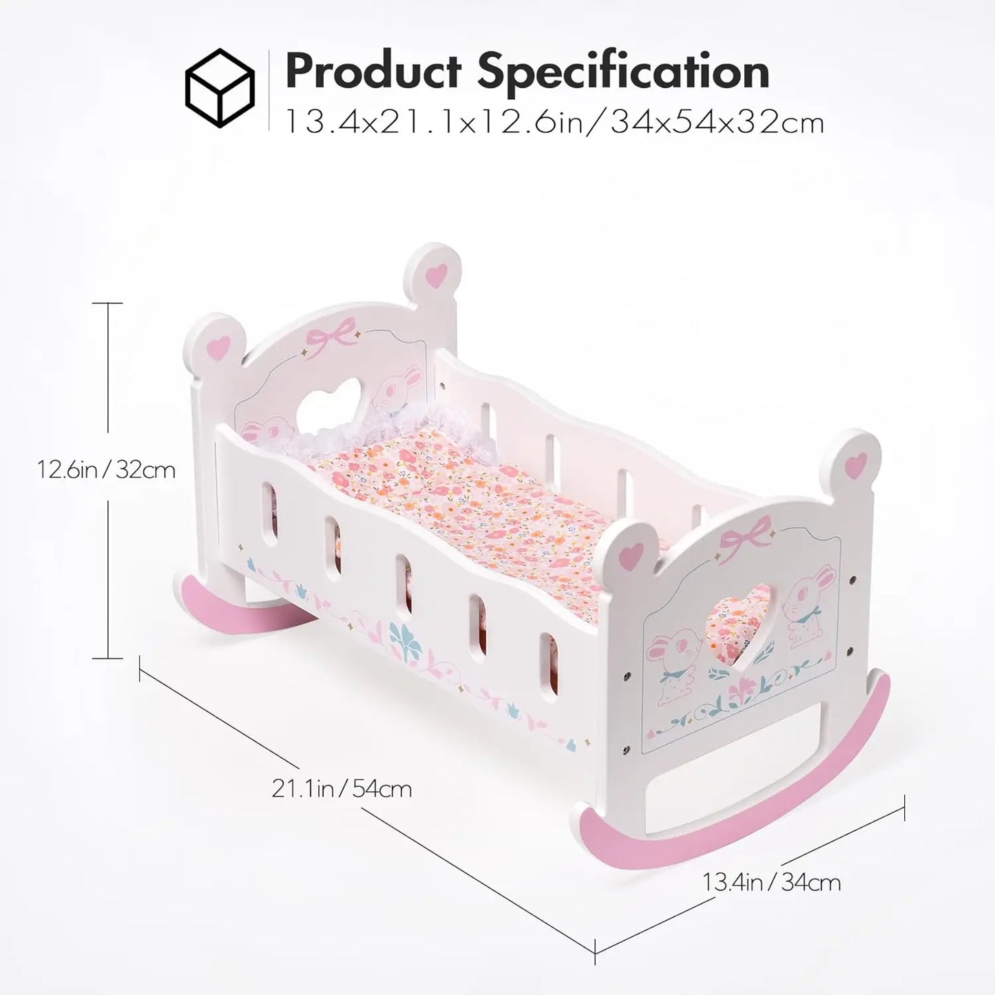 Wooden Doll Crib Bed For Dolls With Blanket And Pillow