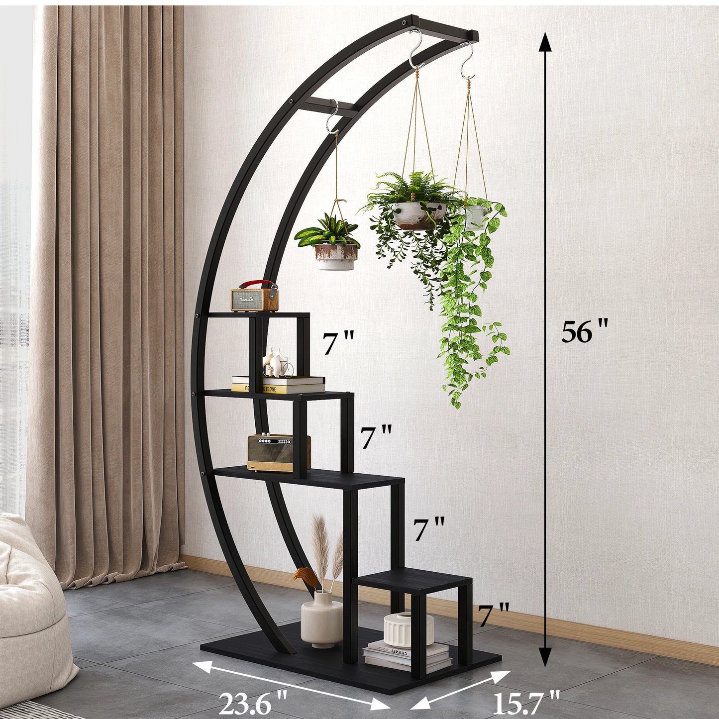HiMISS 5-Tier Half Moon Metal Plant Stand With 6 Hooks