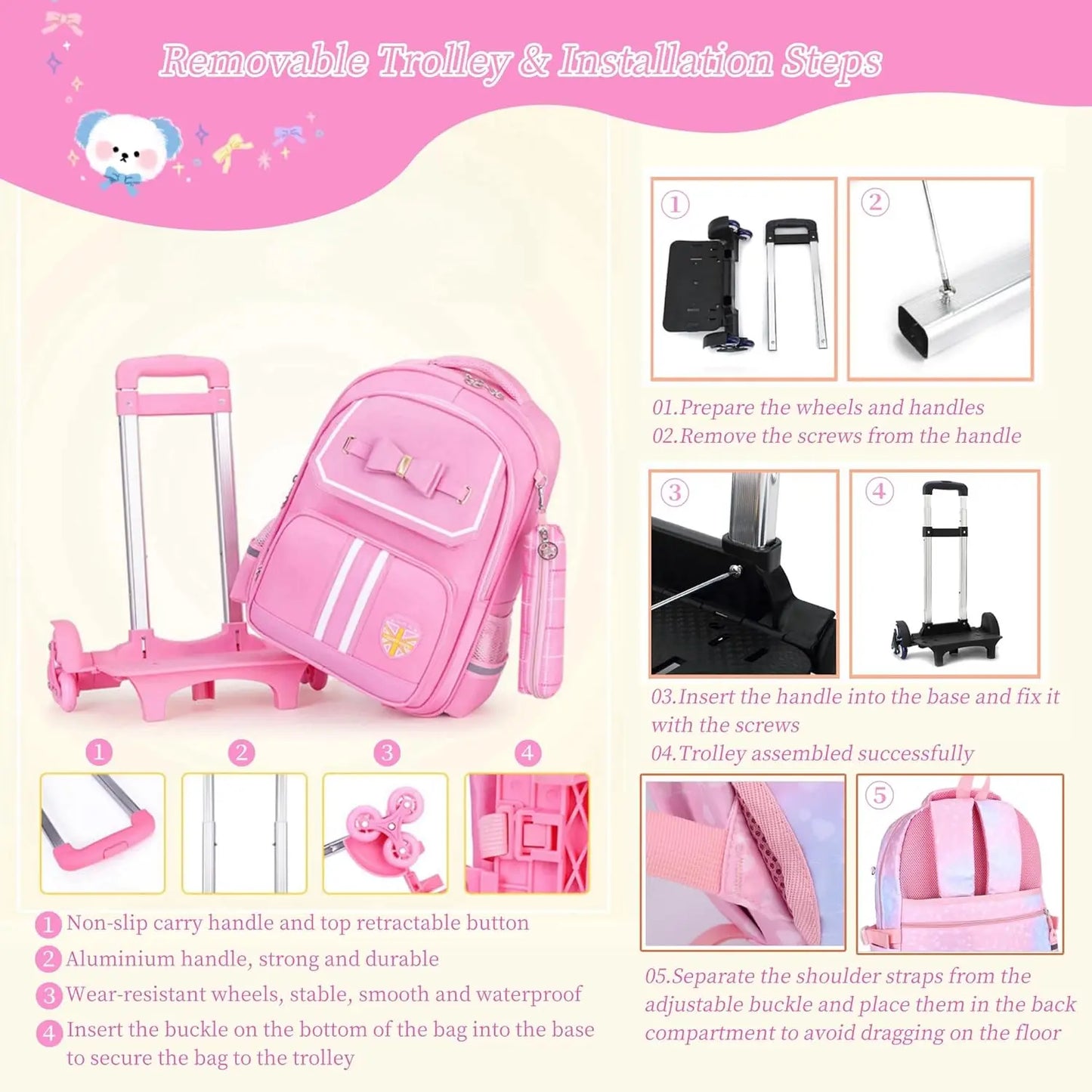 Caster Rolling Backpack For Girls With Wheels And Lunch Bag
