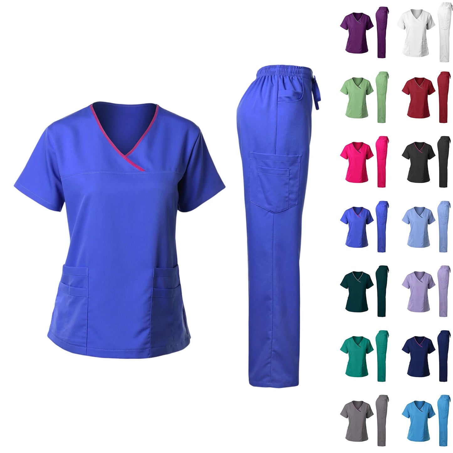 Women's Nurse Scrub Set V-Neck Short Sleeve Multi-Pocket Medical Scrubs