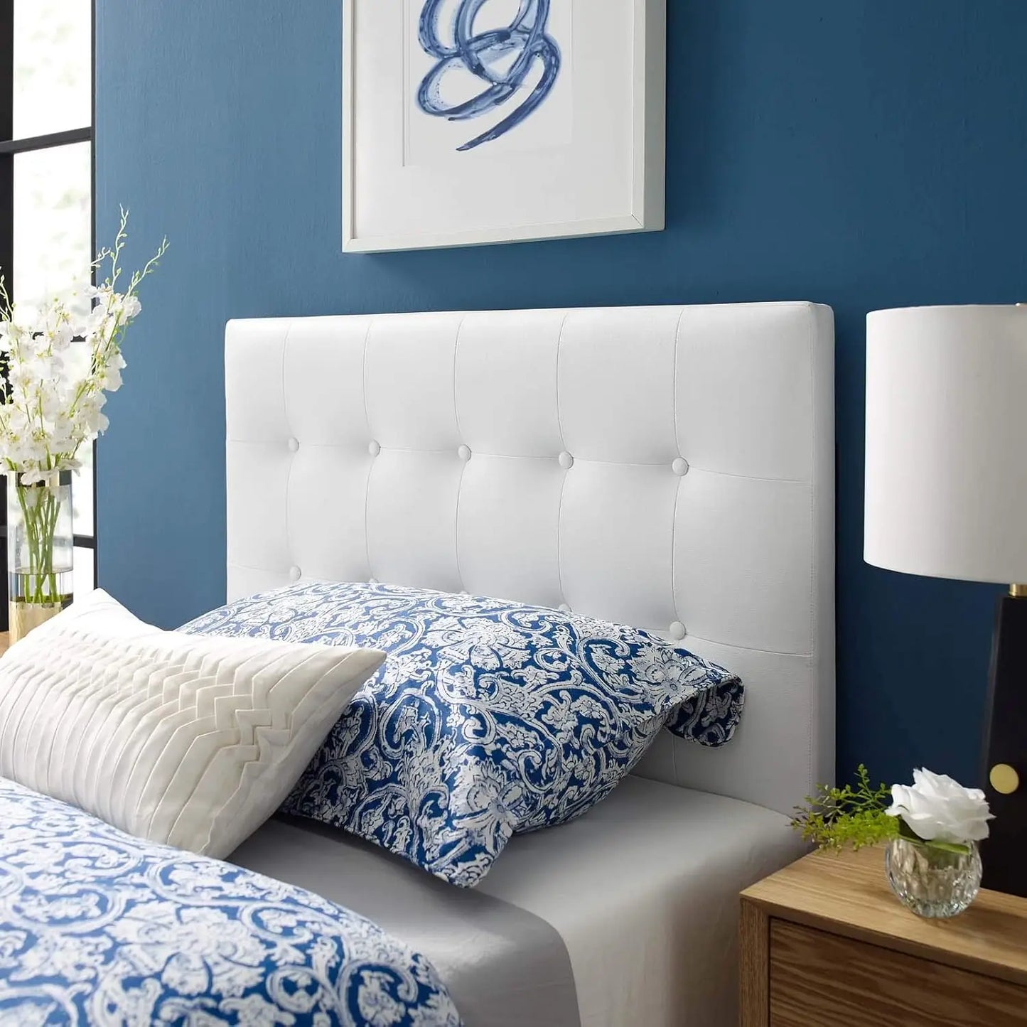 White Tufted Vegan Leather Twin Headboard with Adjustable Height, Elegant Bedroom Decor