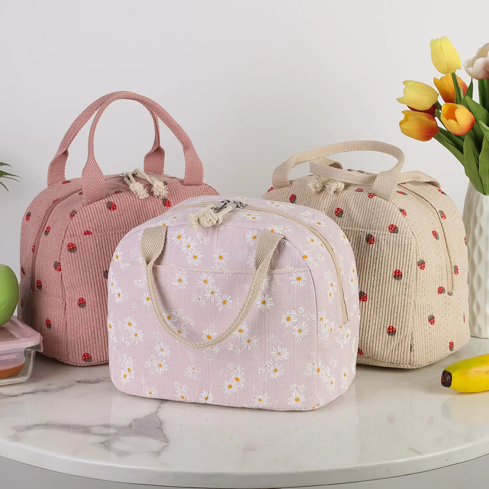 Strawberry Daisy Corduroy Insulated Lunch Bag Large Capacity