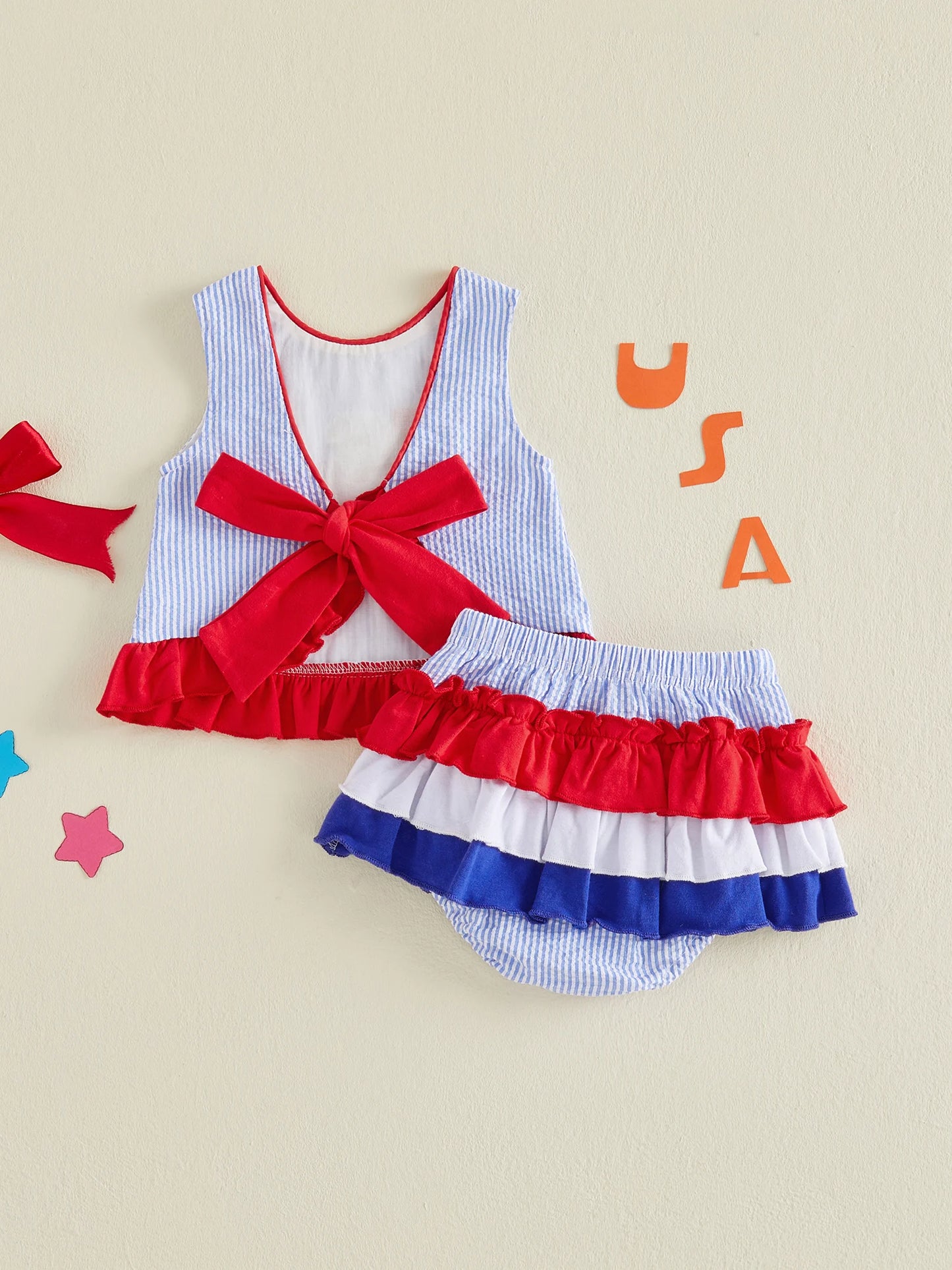 Independence Day Toddler Outfit Set With Stripe Top And Ruffle Skirt Shorts