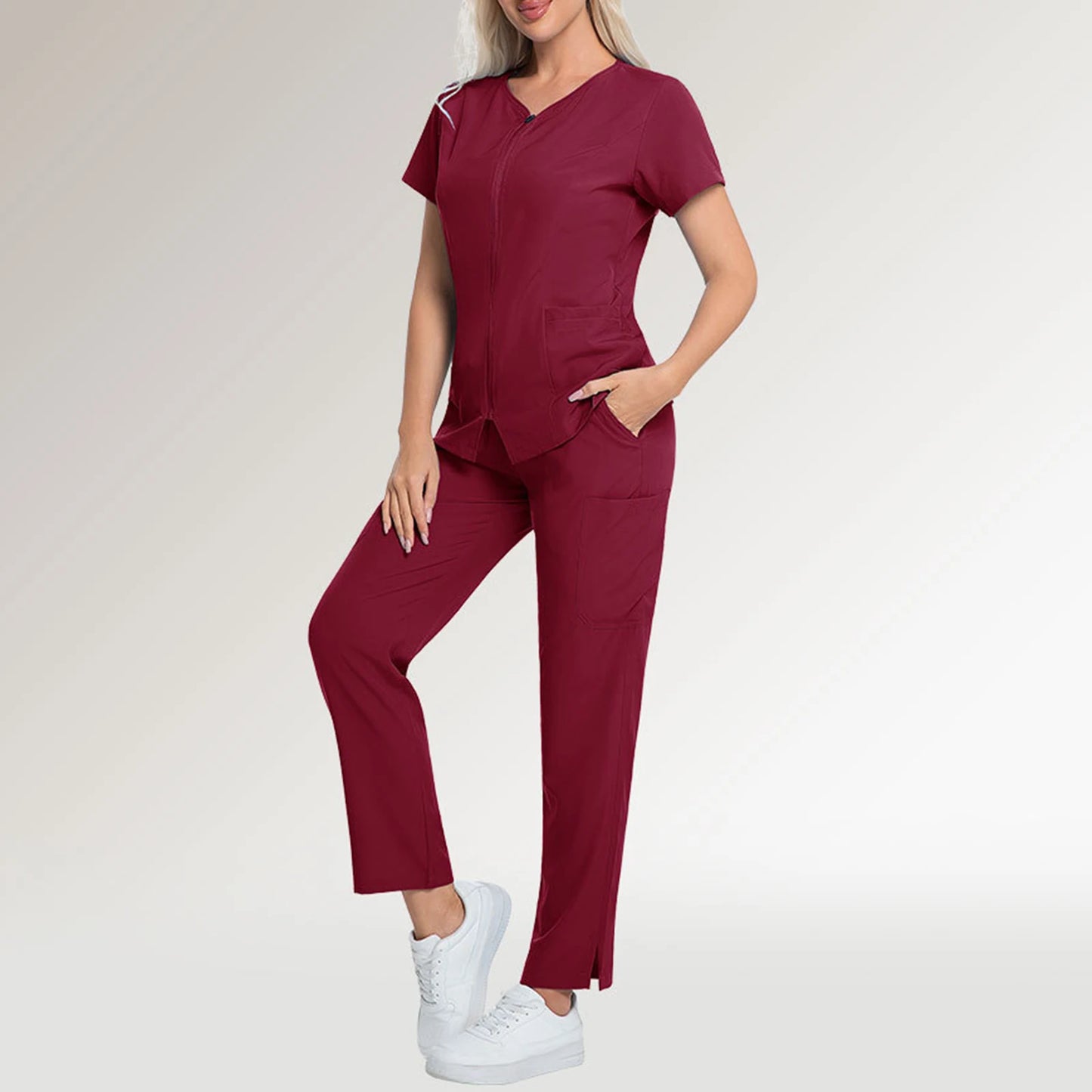 Women's Nurse Scrub Set V-Neck Short Sleeve Zipper Medical Uniform