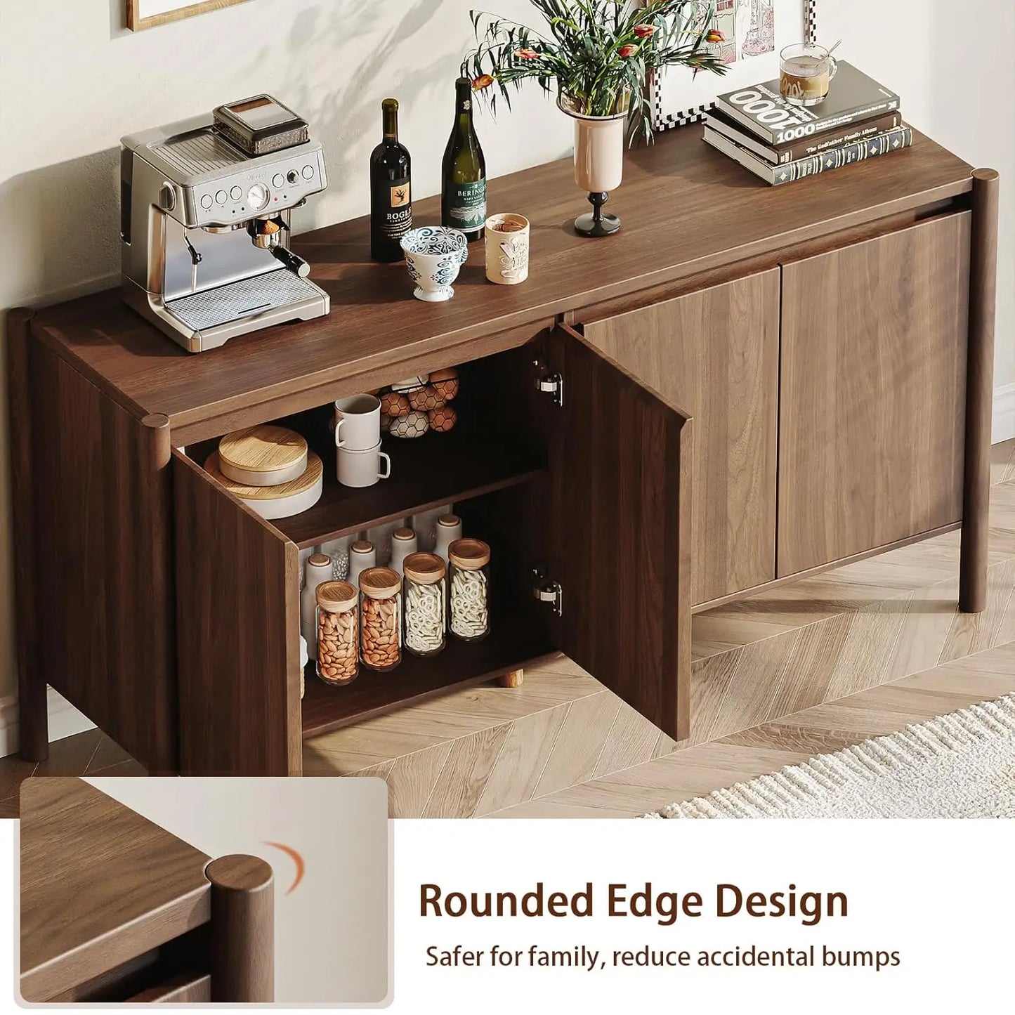 HUANZHUANG Walnut Buffet Cabinet With 4 Doors And Shelves