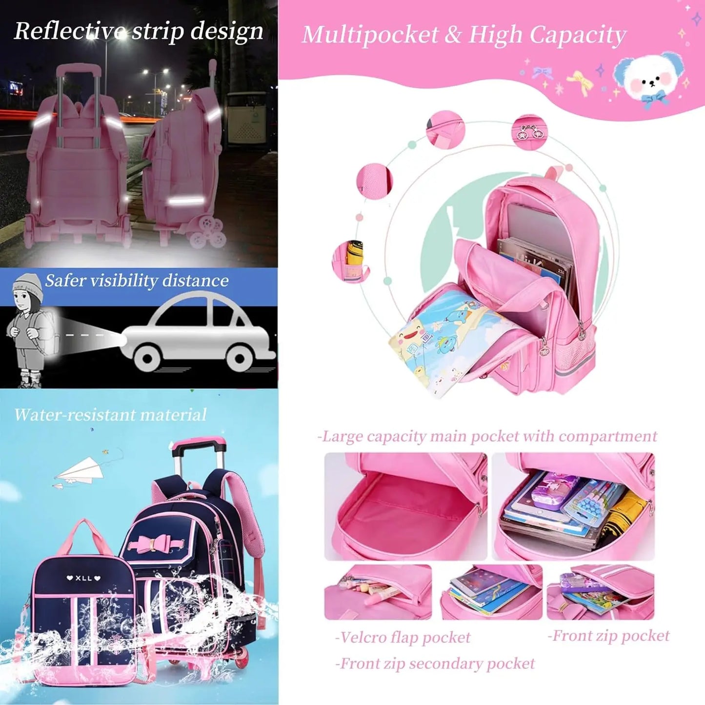 Caster Rolling Backpack For Girls With Wheels And Lunch Bag