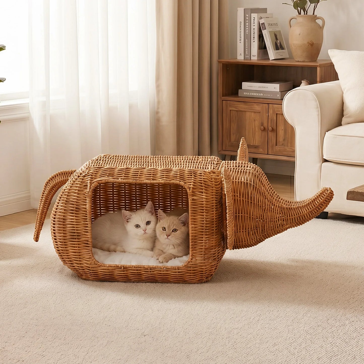 PEQULTI Elephant Rattan Cat Condo Bed With Plush Cushioned Hideaway