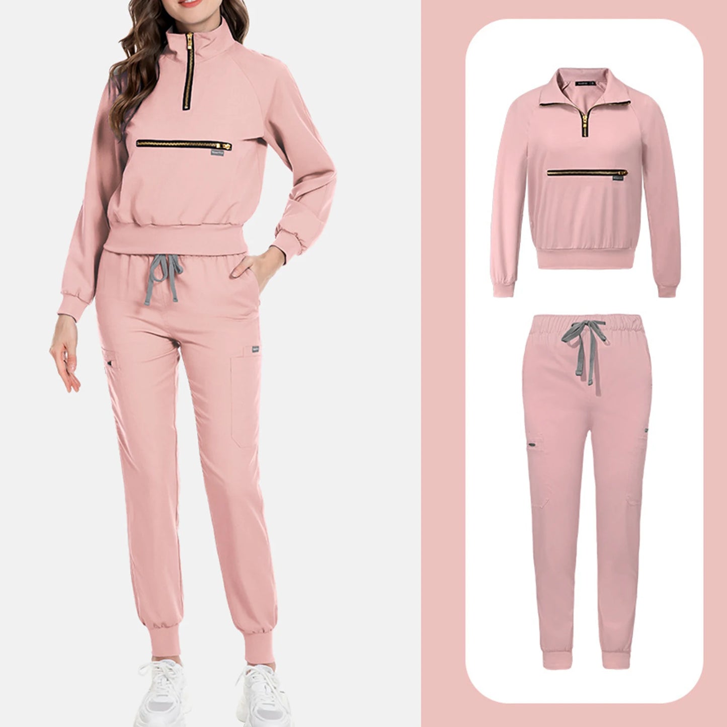 Women Nurse Scrub Set Stand Collar Zip Long Sleeve Uniform