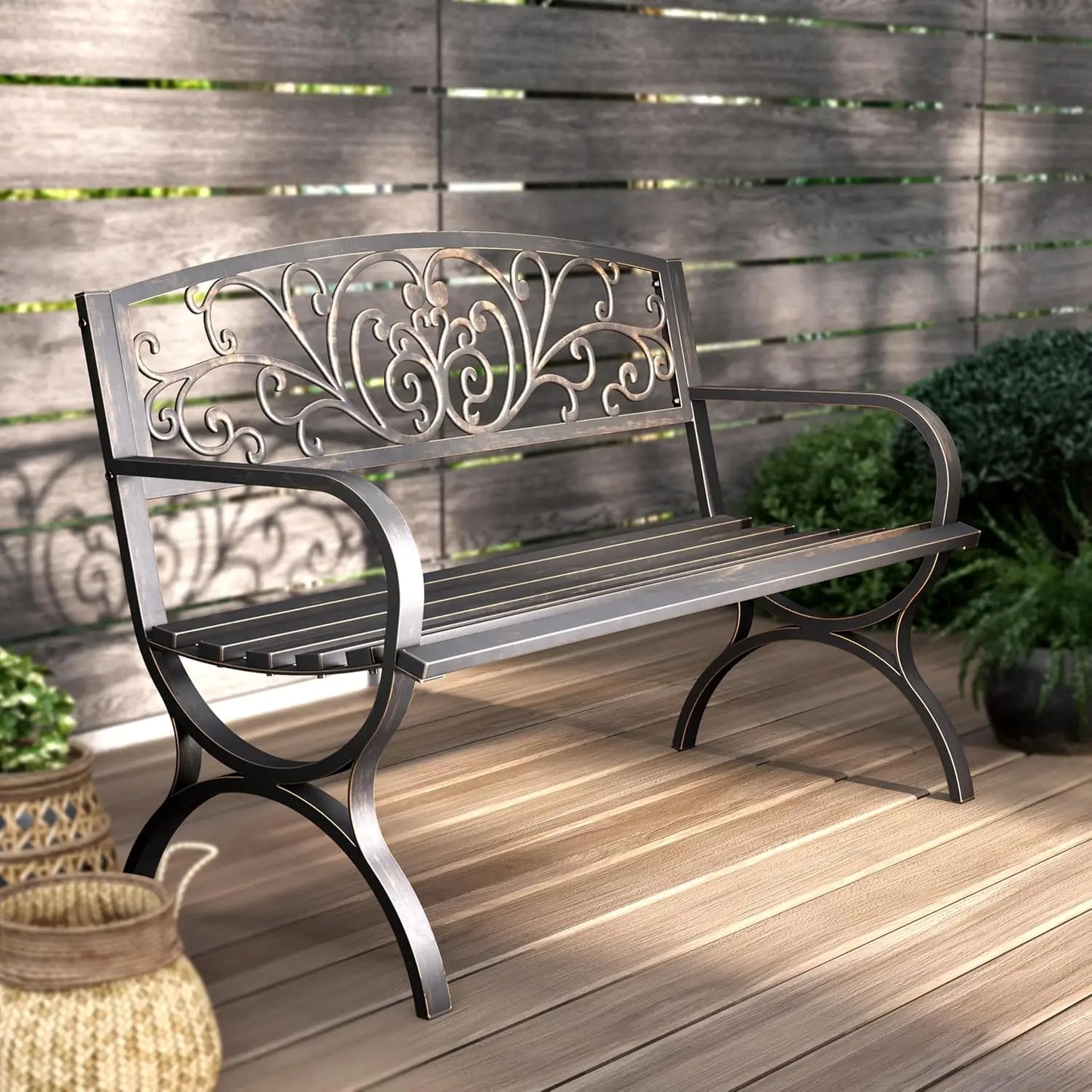 50in Cast Iron Steel Garden Bench Patio Chair w/Floral Backrest Slatted Seat Park Yard Porch Bronze, Customized