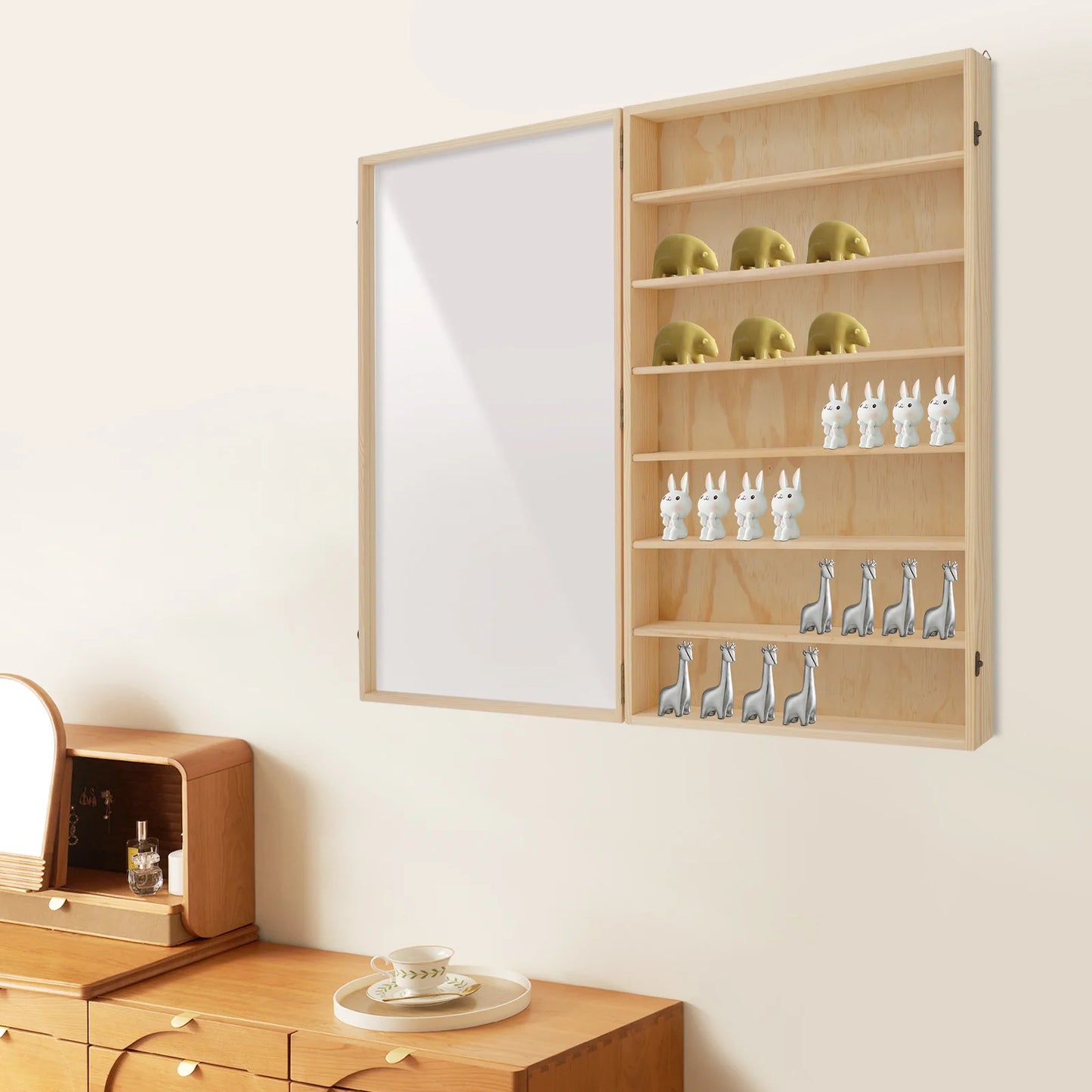 7-Tier Wooden Wall Mounted Display Cabinet With Dust-Proof Acrylic Door