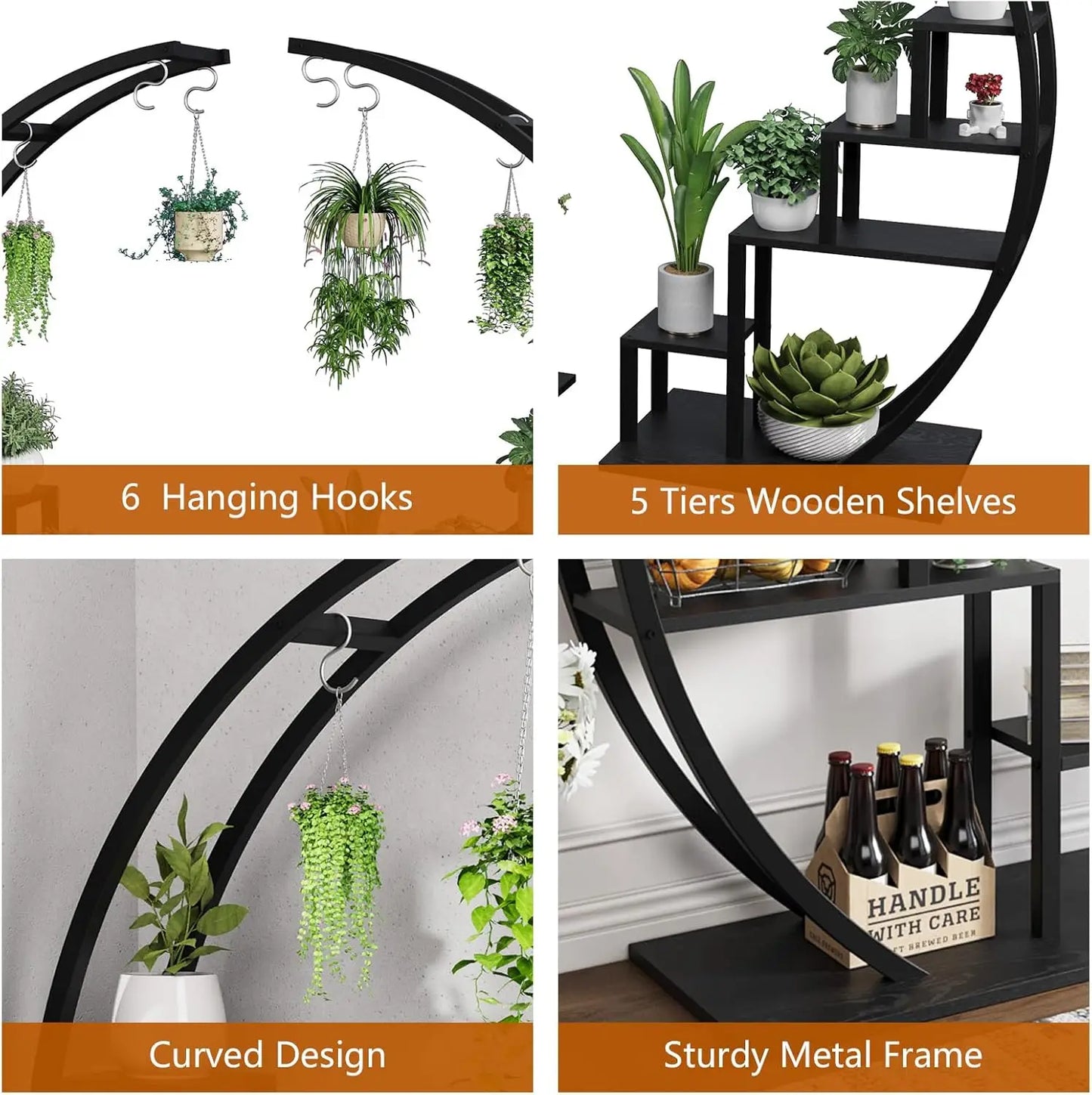 HiMISS 5-Tier Half Moon Metal Plant Stand With 6 Hooks