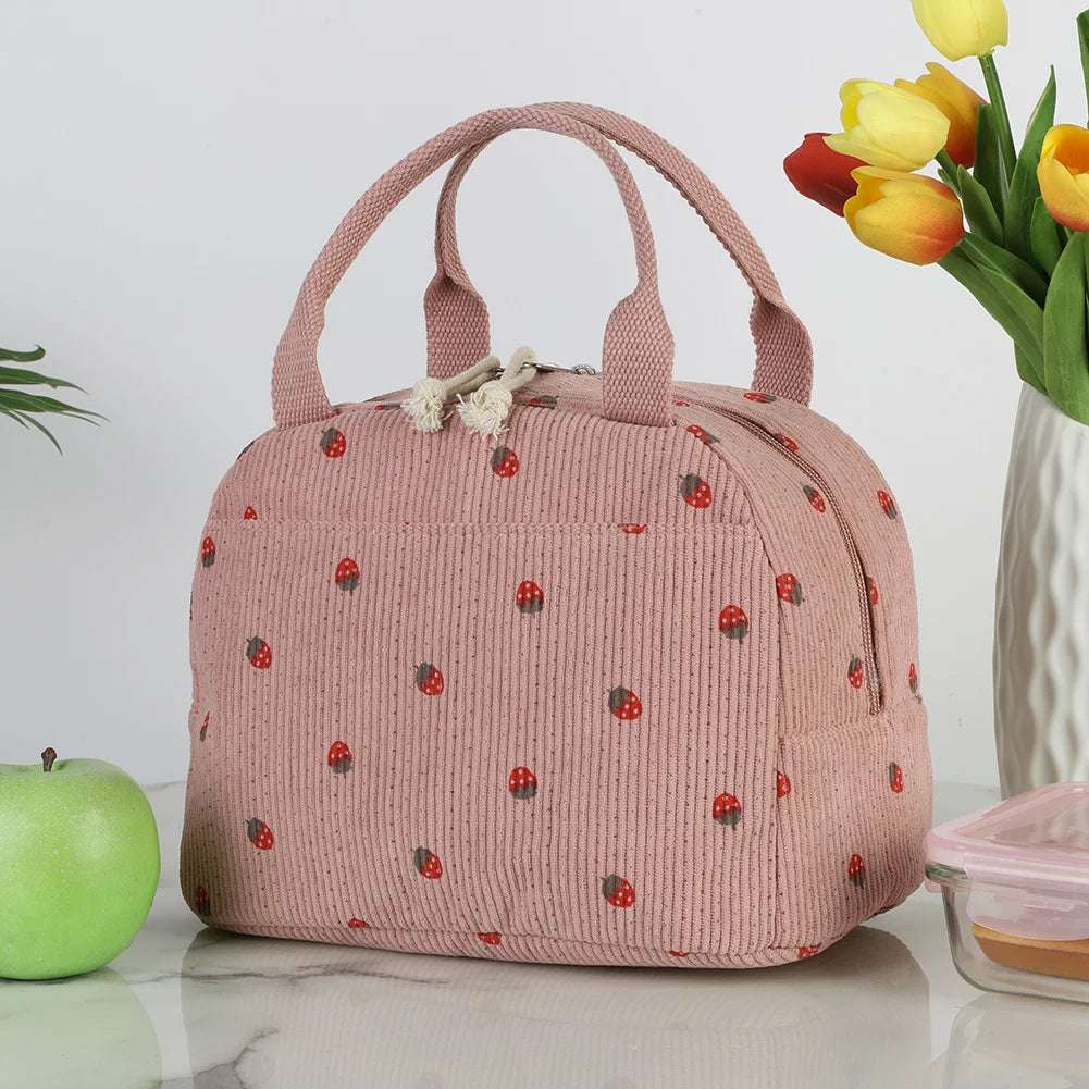 Strawberry Daisy Corduroy Insulated Lunch Bag Large Capacity
