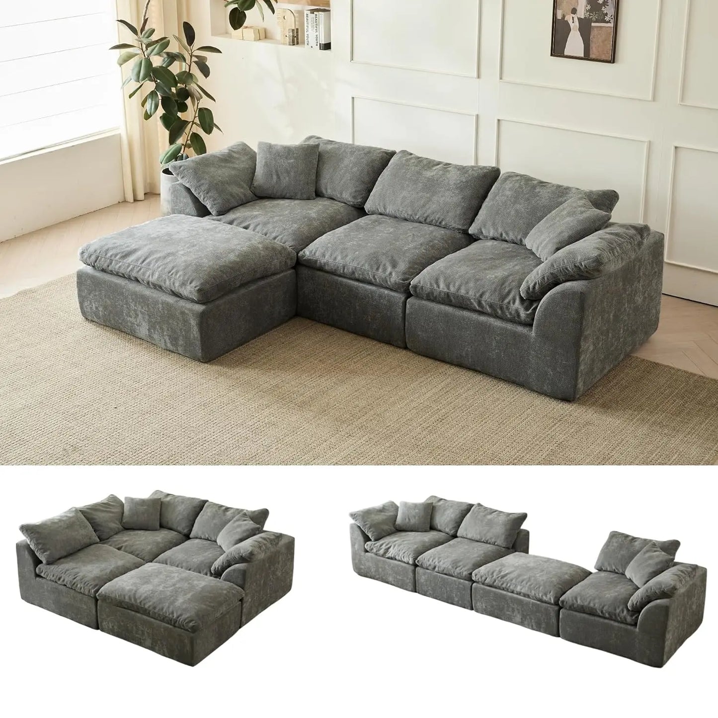 110in Modular Sectional Sofa L-Shape Convertible Sofa Bed with Ottoman 3 Seater Living Room Furniture Custom