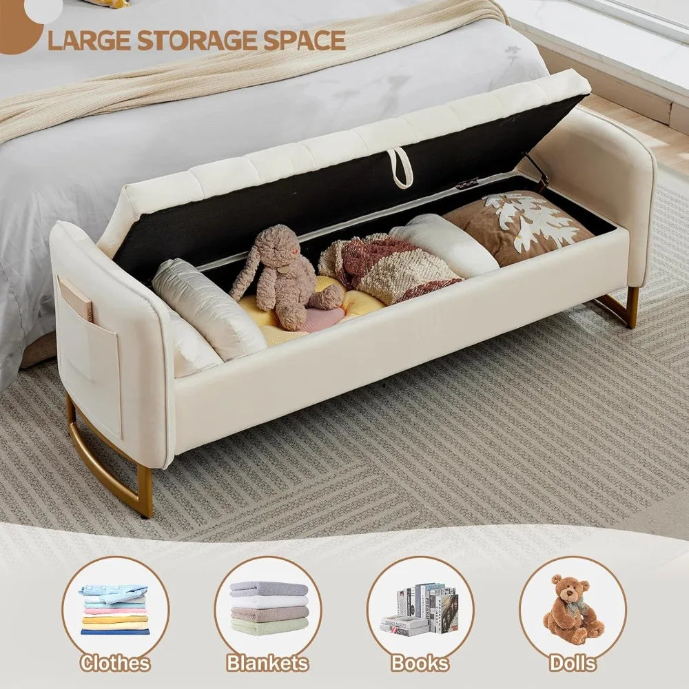 Velvet Storage Bench With Arms And Pockets For Living Room